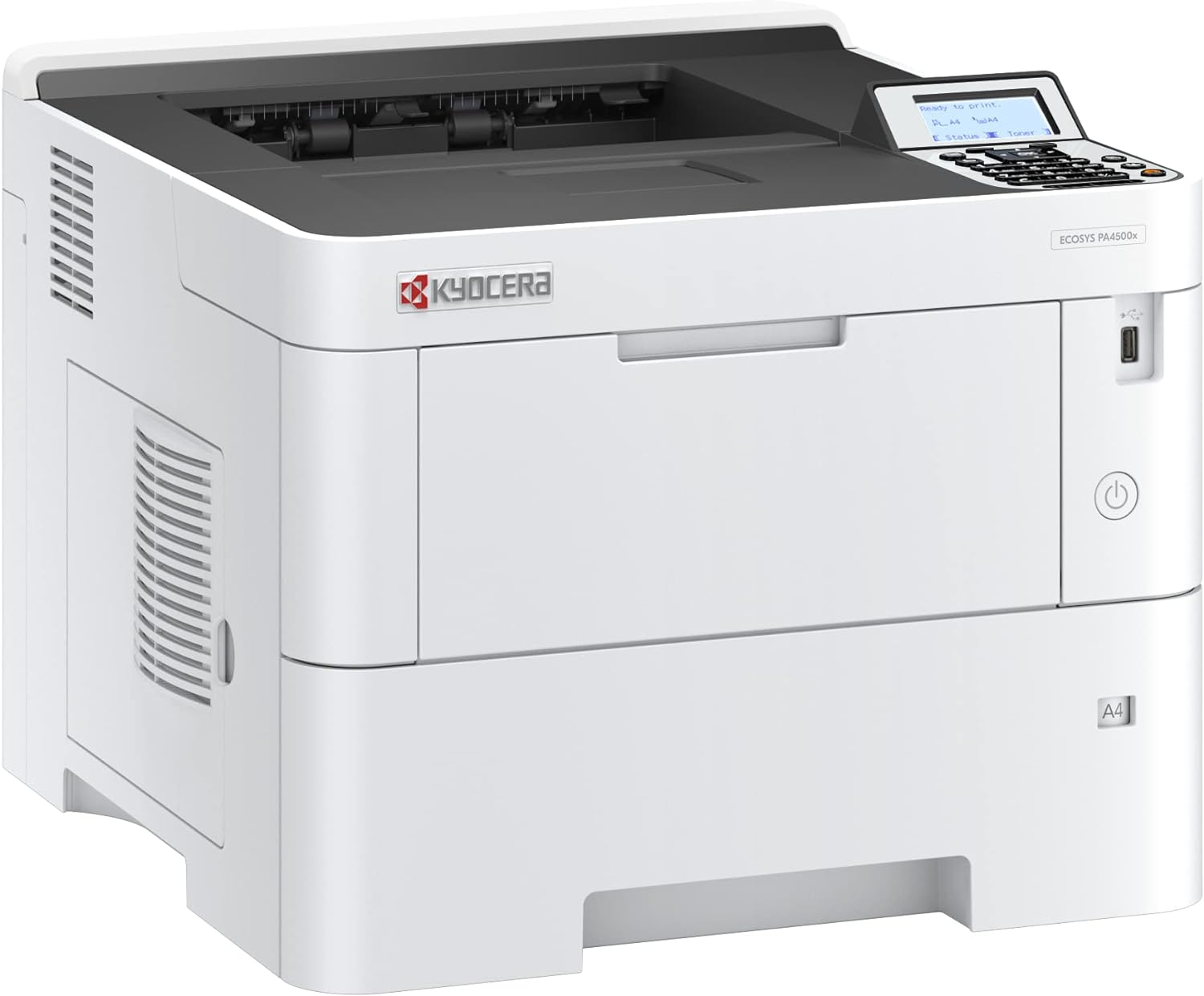 Fehér Kyocera ECOSYS nyomtató. A nyomtatón van egy vezérlőpanel és papírtálca.