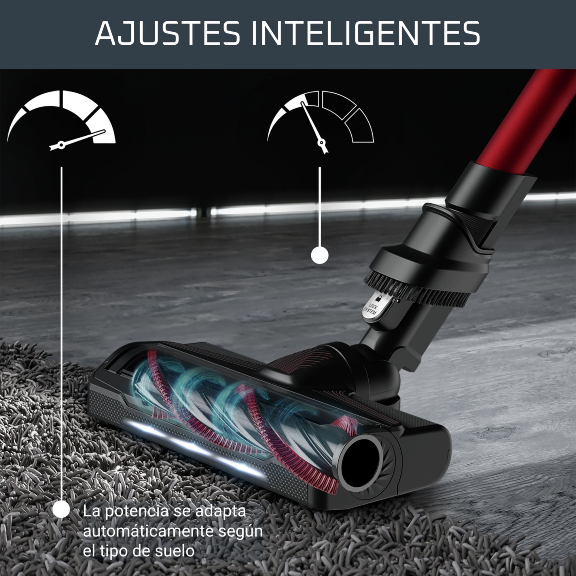 Cabezal de aspiradora sobre alfombra, con flechas que indican el ajuste de potencia según el tipo de suelo.