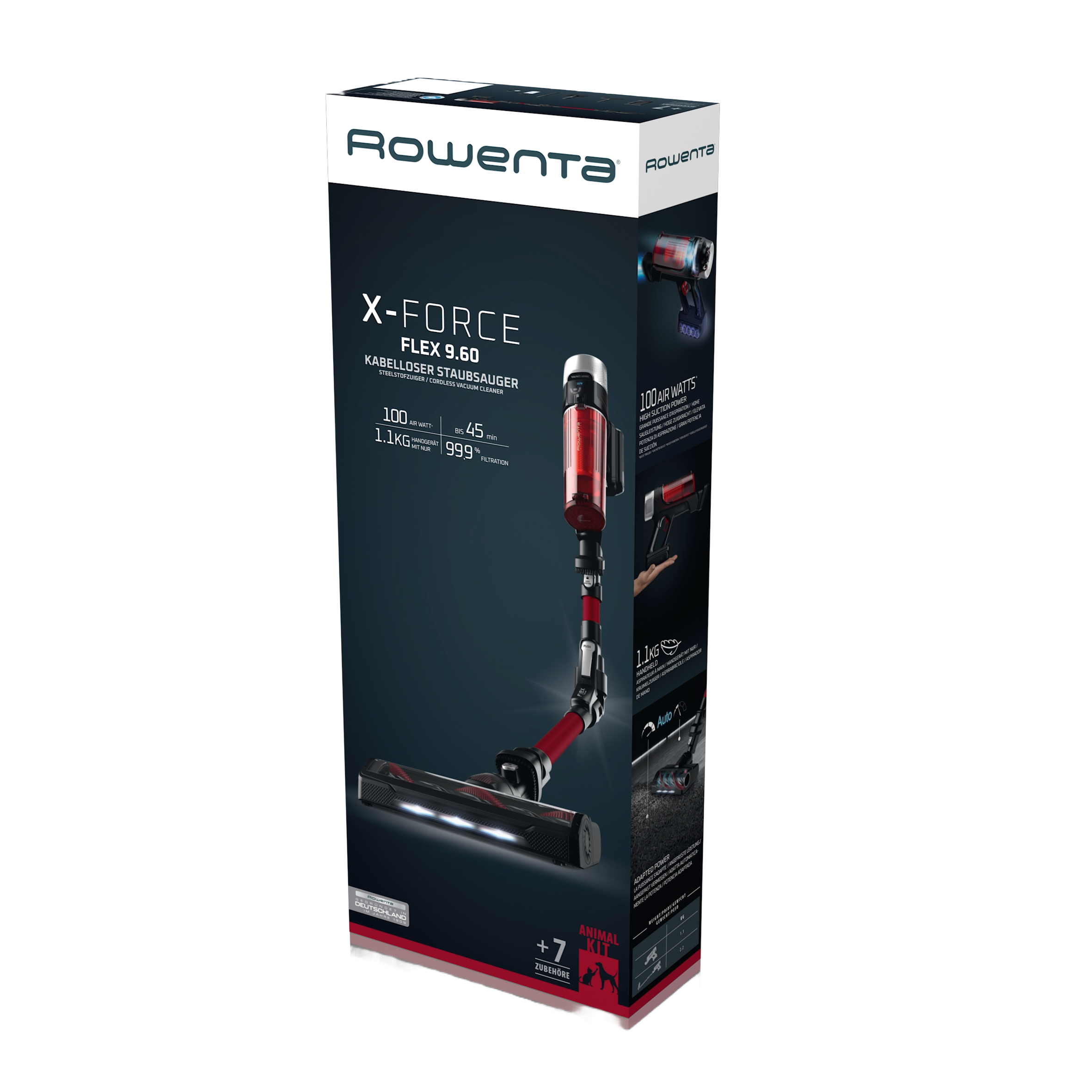 Una aspiradora Rowenta X-Force Flex 9.60 en caja, con el producto y especificaciones clave.
