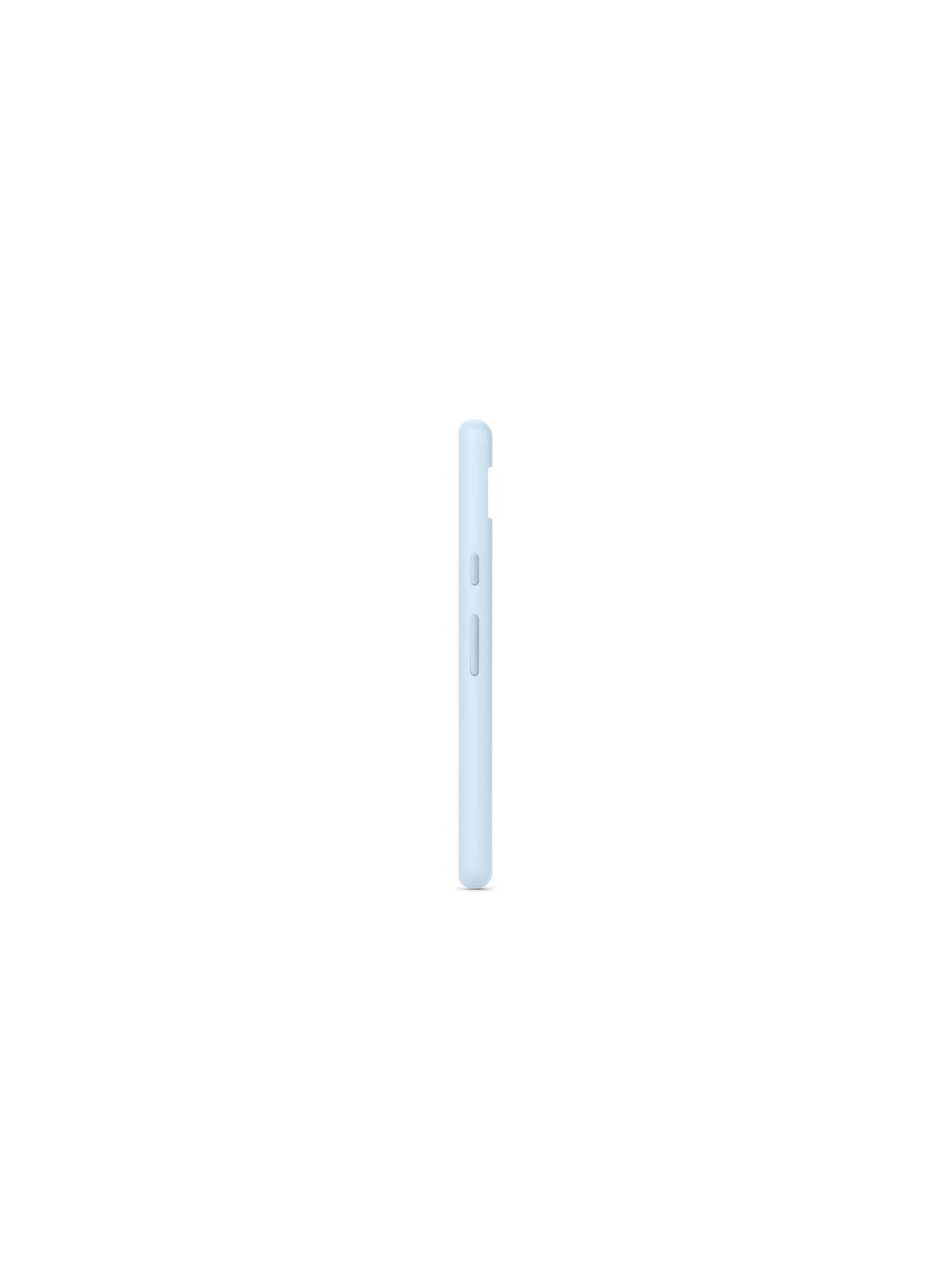Una funda de teléfono azul claro, vista de lado, sobre un fondo blanco. La funda tiene botones y un acabado liso.