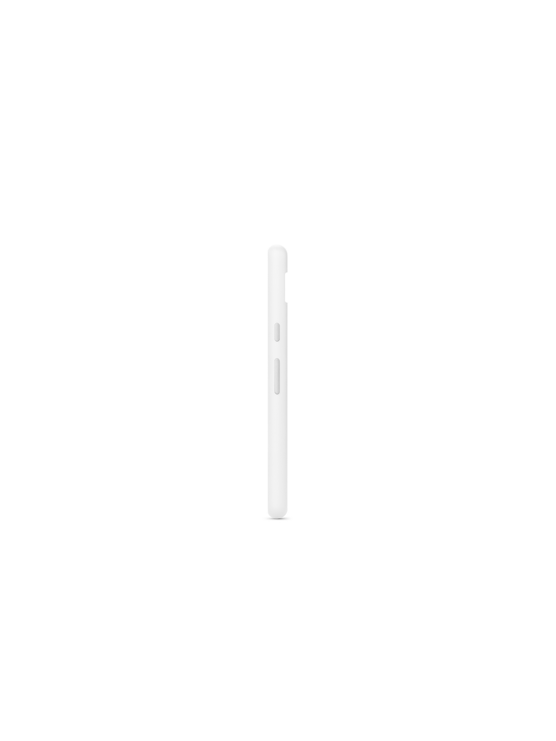Un teléfono móvil blanco, visto de lado, sobre un fondo blanco.