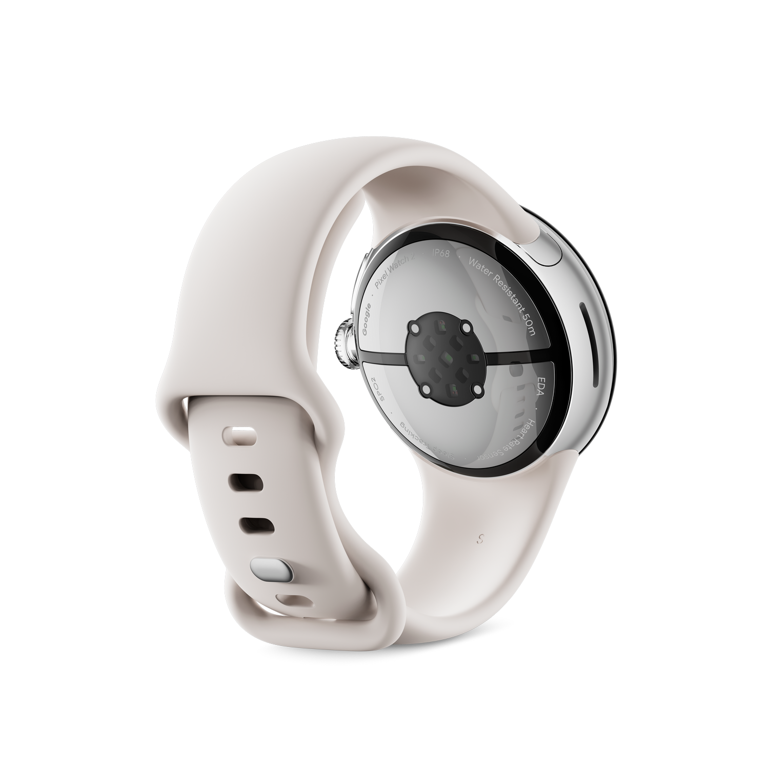 Un smartwatch, vista trasera, sobre una superficie negra. Muestra la parte trasera del reloj.