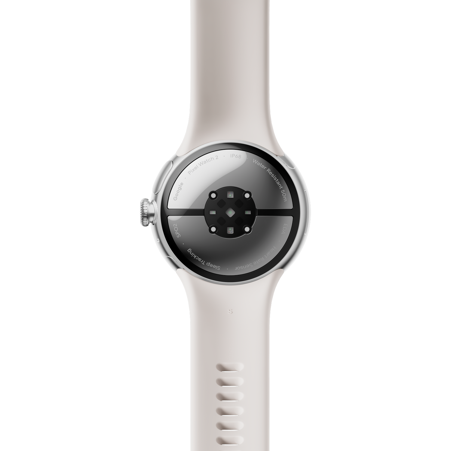 Pixel Watch 2 blanca, vista trasera, mostrando el área del sensor y la correa del reloj.