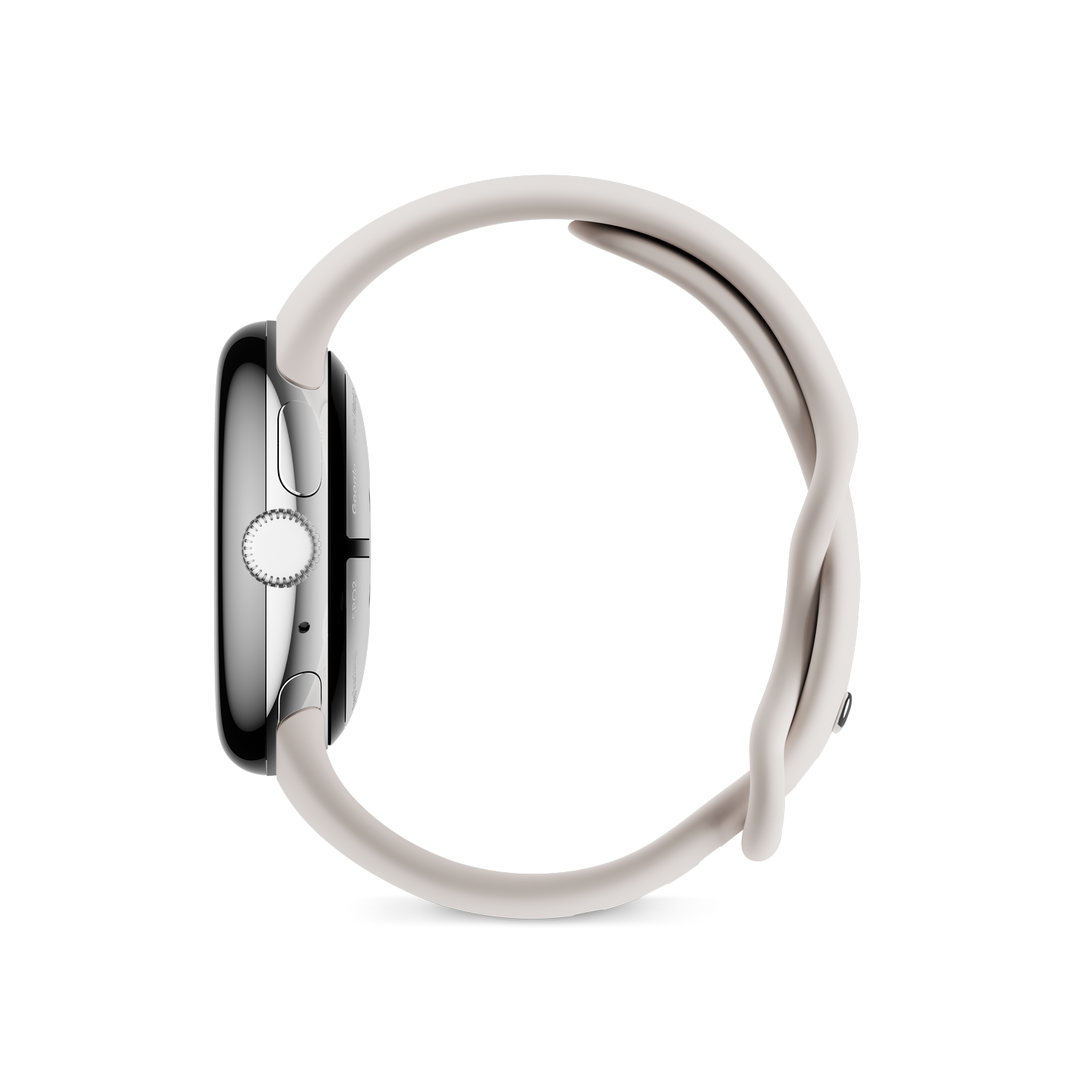 Vista lateral de un smartwatch plateado con correa blanca.