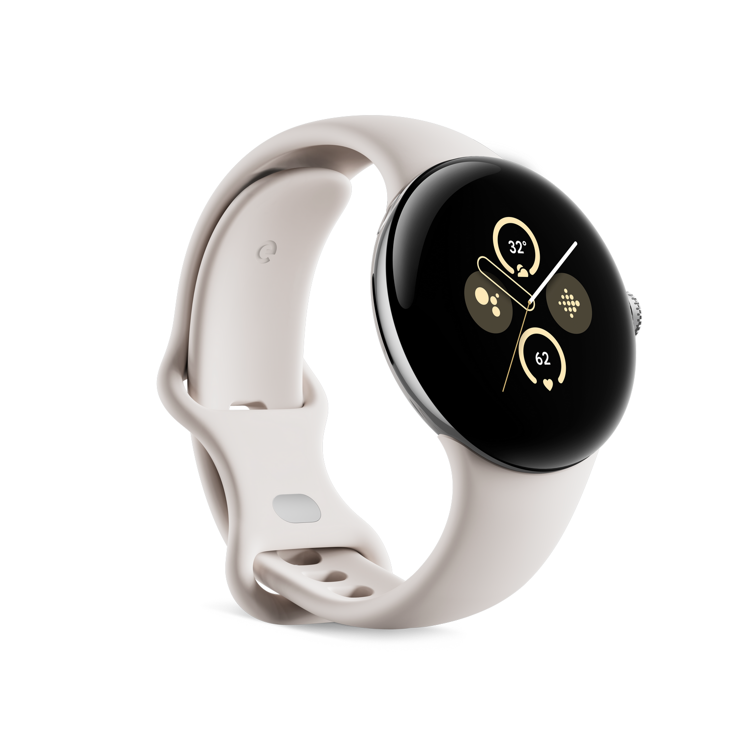 Pixel Watch con una correa de color claro. La esfera muestra la hora y métricas de salud.