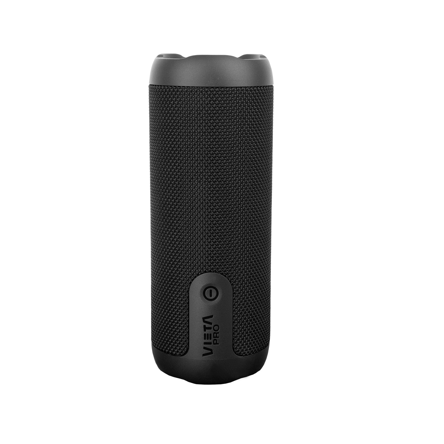 Un altavoz portátil negro Viera Pro sobre un fondo blanco. Tiene forma cilíndrica.