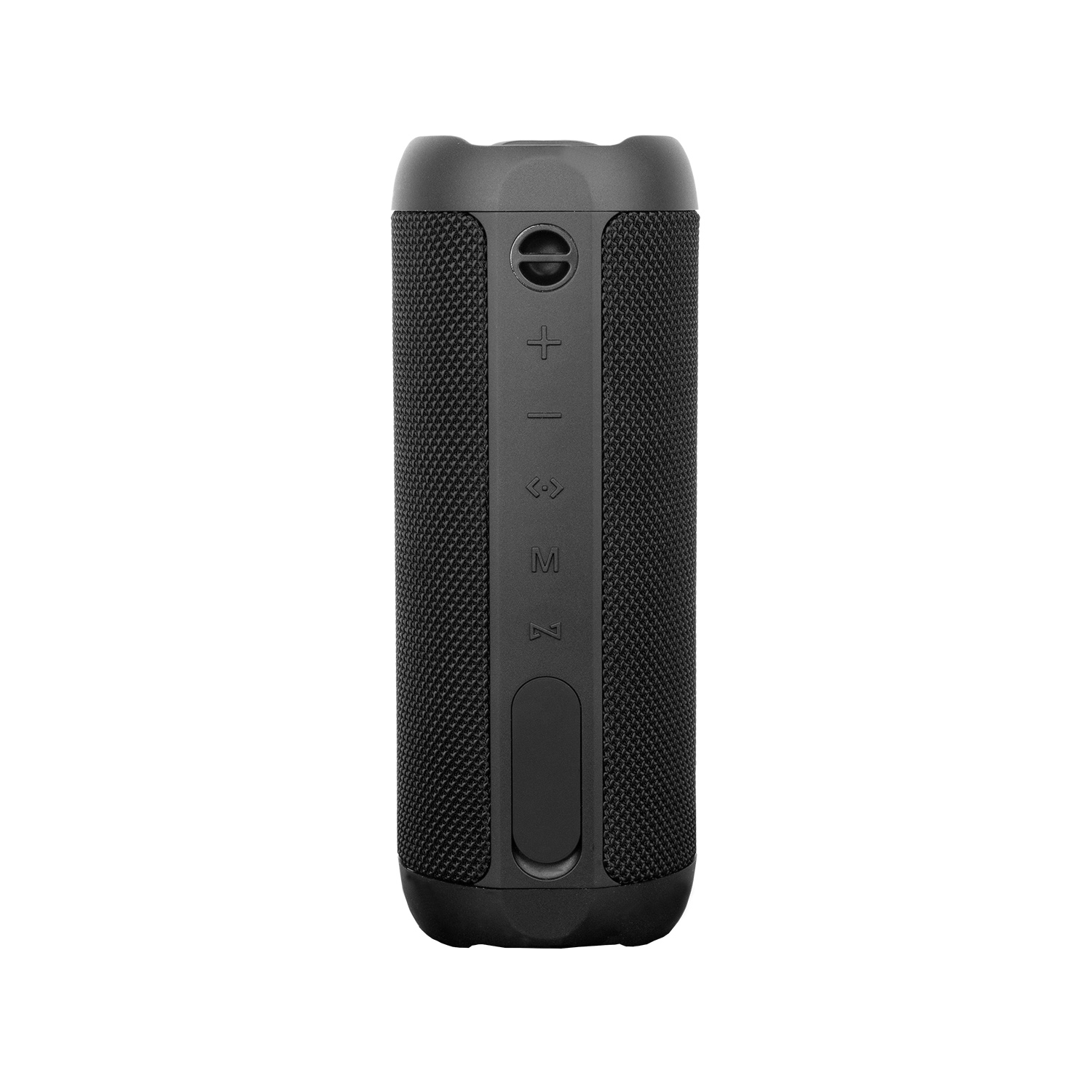 Altavoz portátil negro con controles. Incluye volumen, reproducción/pausa y controles de pista.
