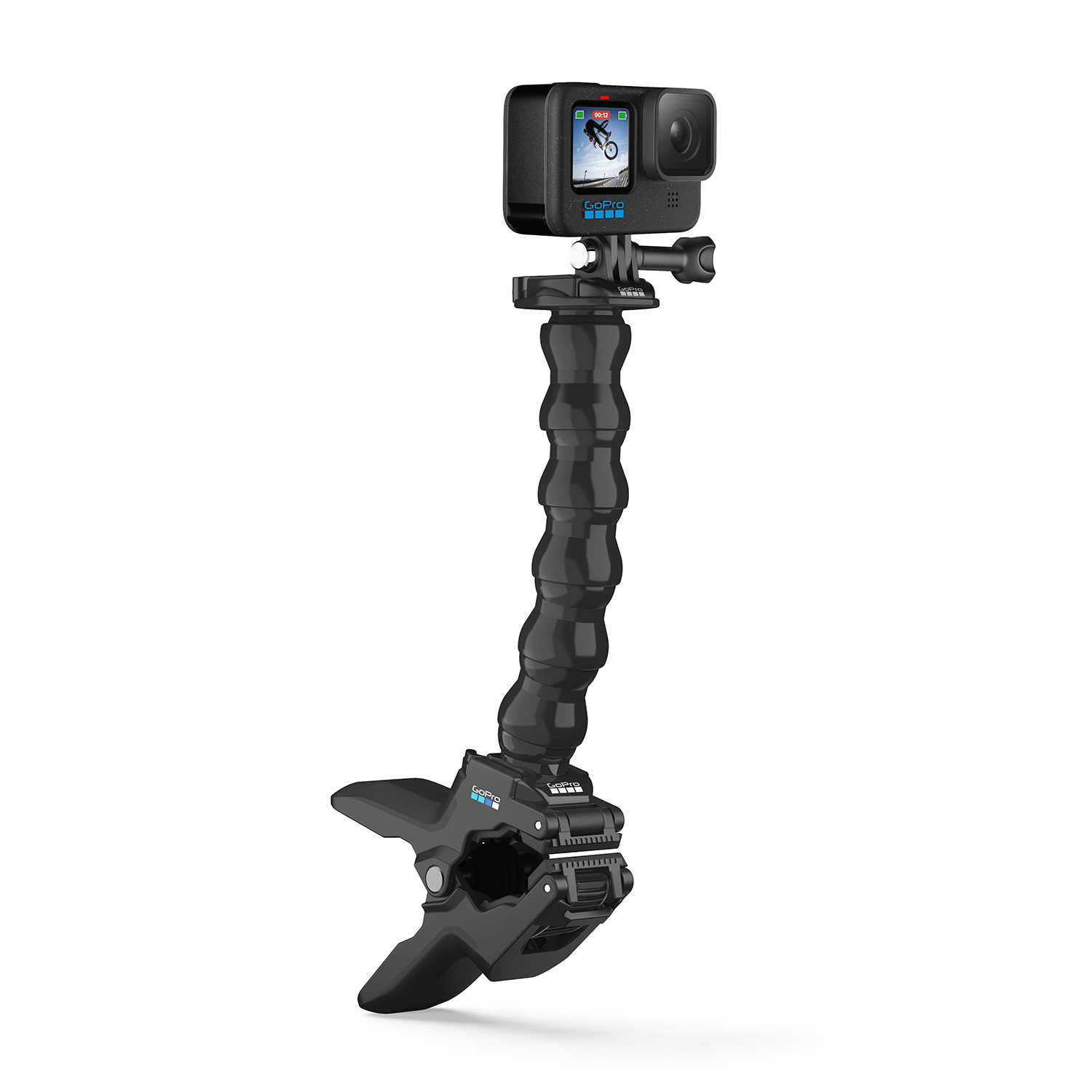 Action cam GoPro su un supporto a morsetto flessibile. Il morsetto è nero e ha il logo GoPro.