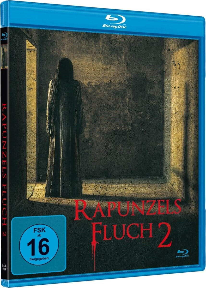 Eine Blu-ray-Hülle für 'Rapunzels Fluch 2', ein Horrorfilm. Eine Figur steht in einer dunklen Tür.