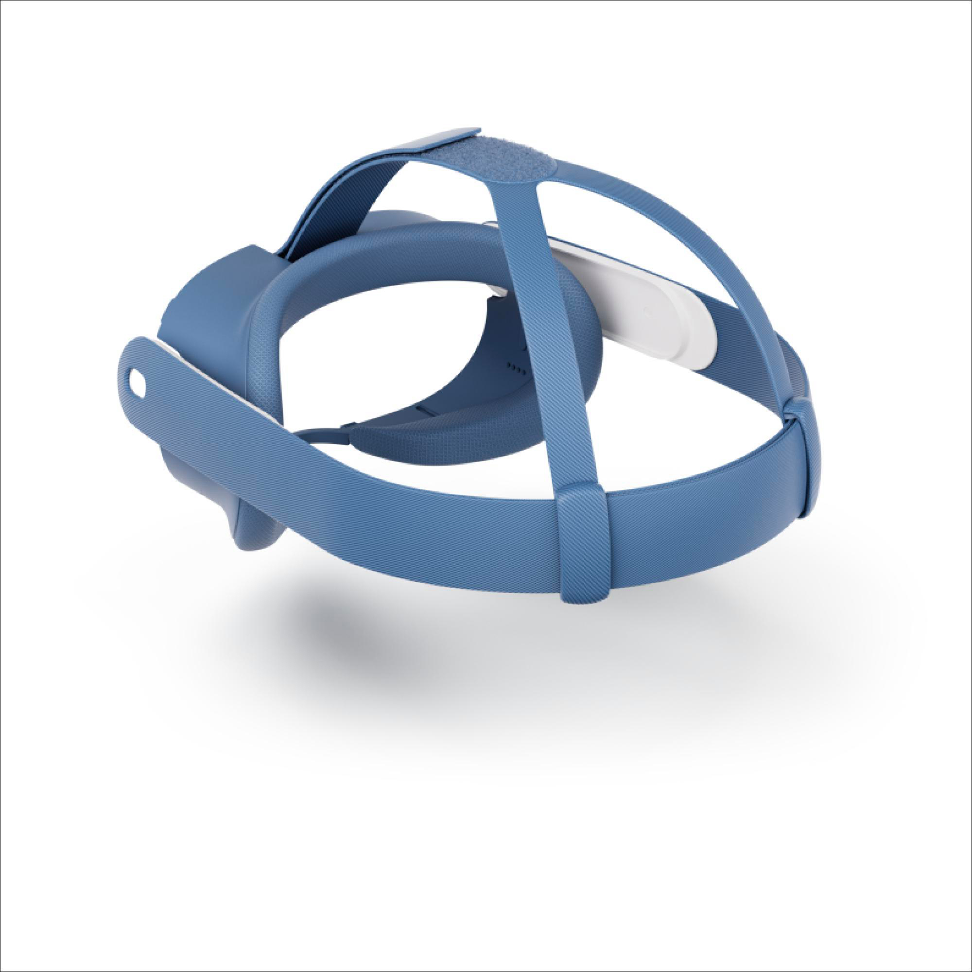 Blaues VR-Headset mit Riemen und einem weißen Kissen. Es ist auf weißem Hintergrund isoliert.