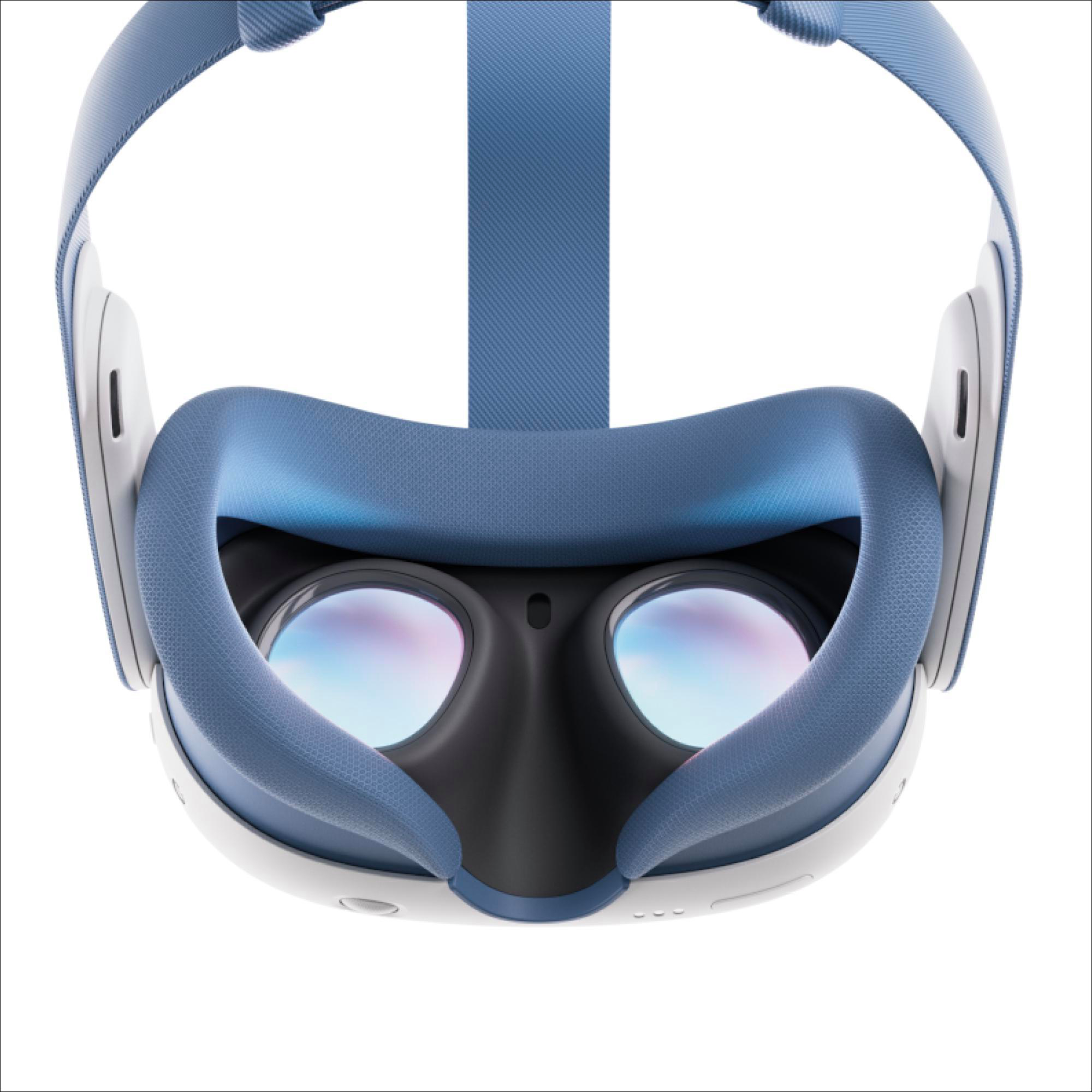Nahaufnahme eines VR-Headsets, blau und weiß, mit sichtbaren Linsen und blauem Kopfband.