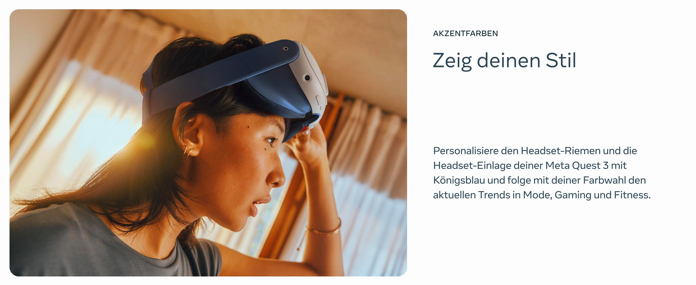 Eine Frau mit VR-Headset, mit Text zur Anpassung des Headsets.