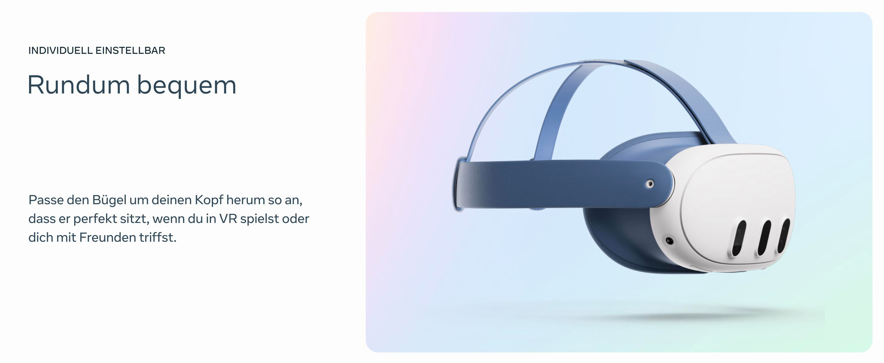 VR-Headset, weiß und blau, mit Text.