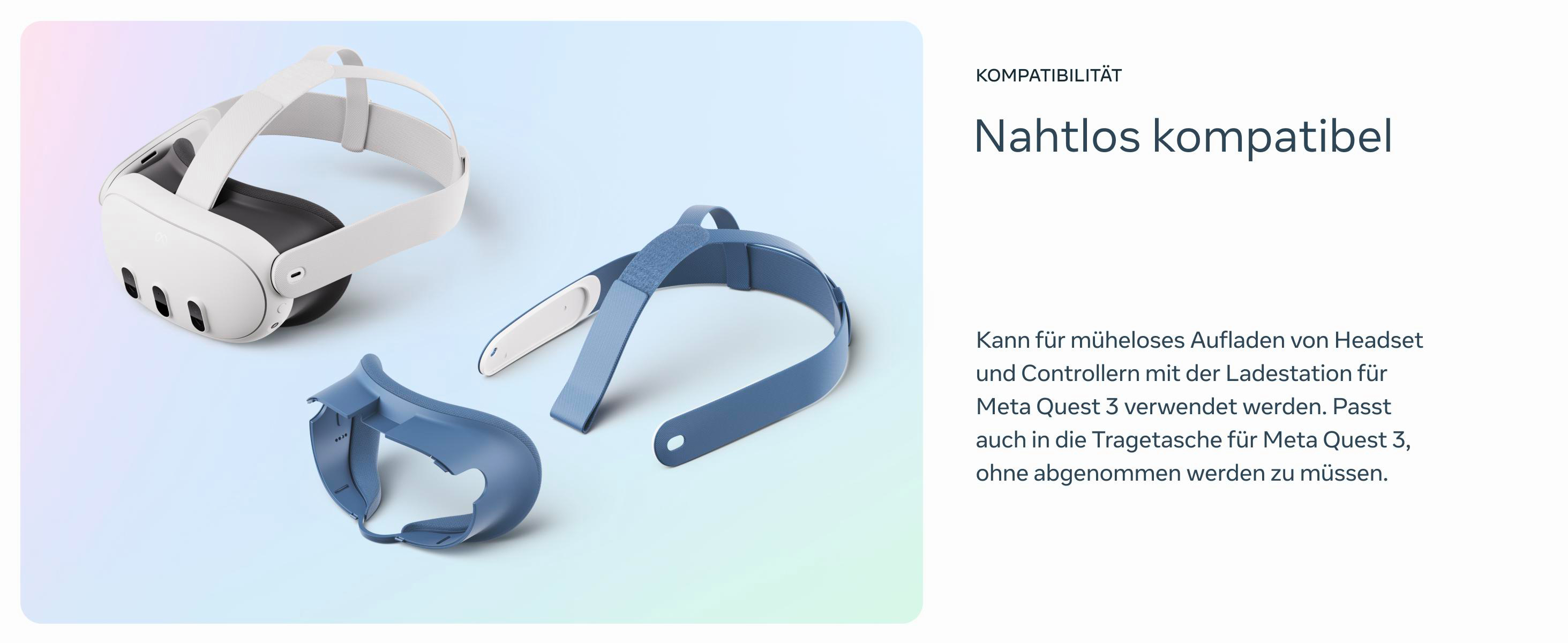 VR-Headset und Zubehör, einschließlich Kopfband und Controller, mit Text über die Kompatibilität.