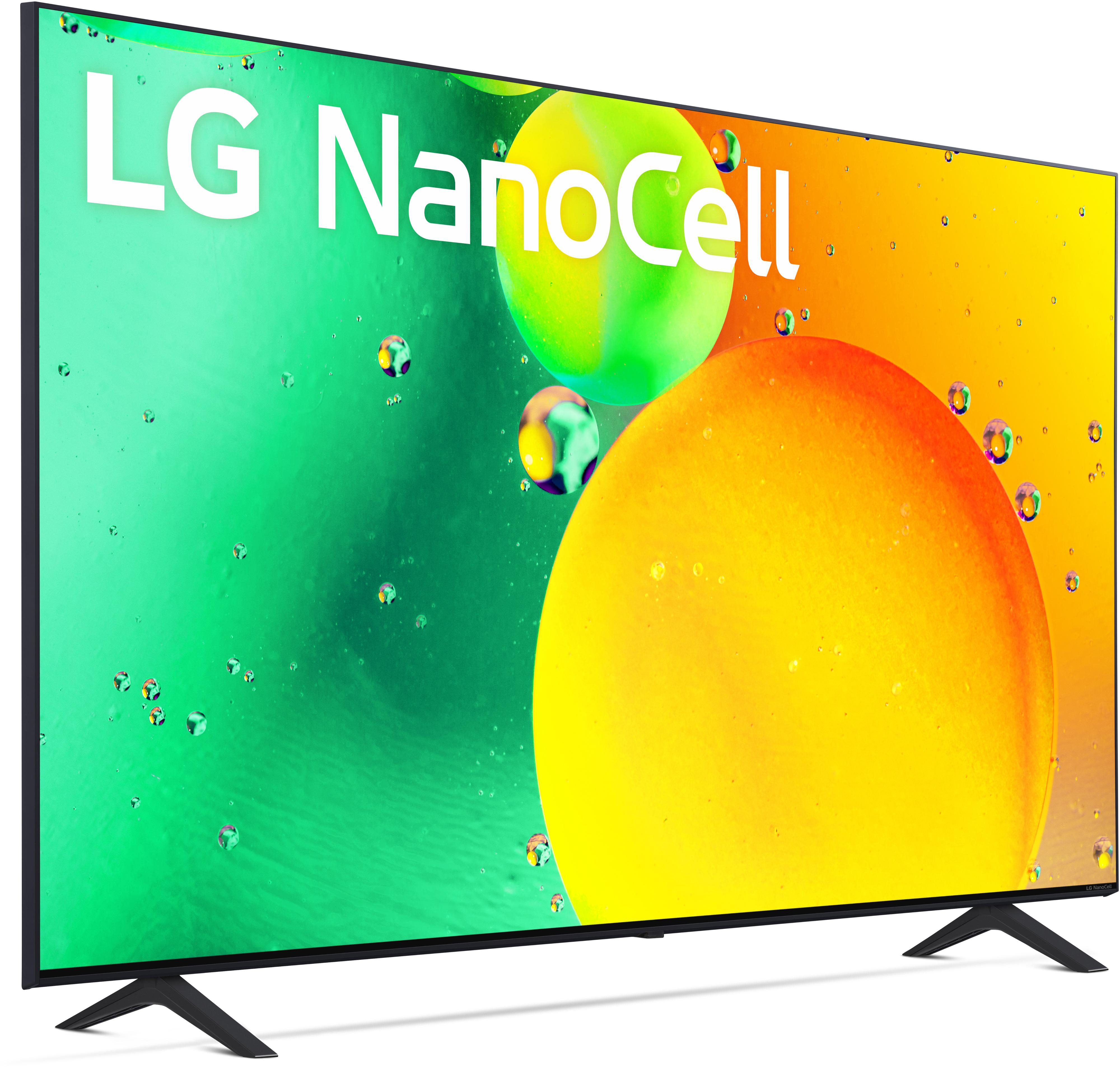 LG NanoCell-Fernseher mit farbenfroher Grafik. Grüne und gelbe Farben. Schwarze Beine. Weißer LG NanoCell-Text.