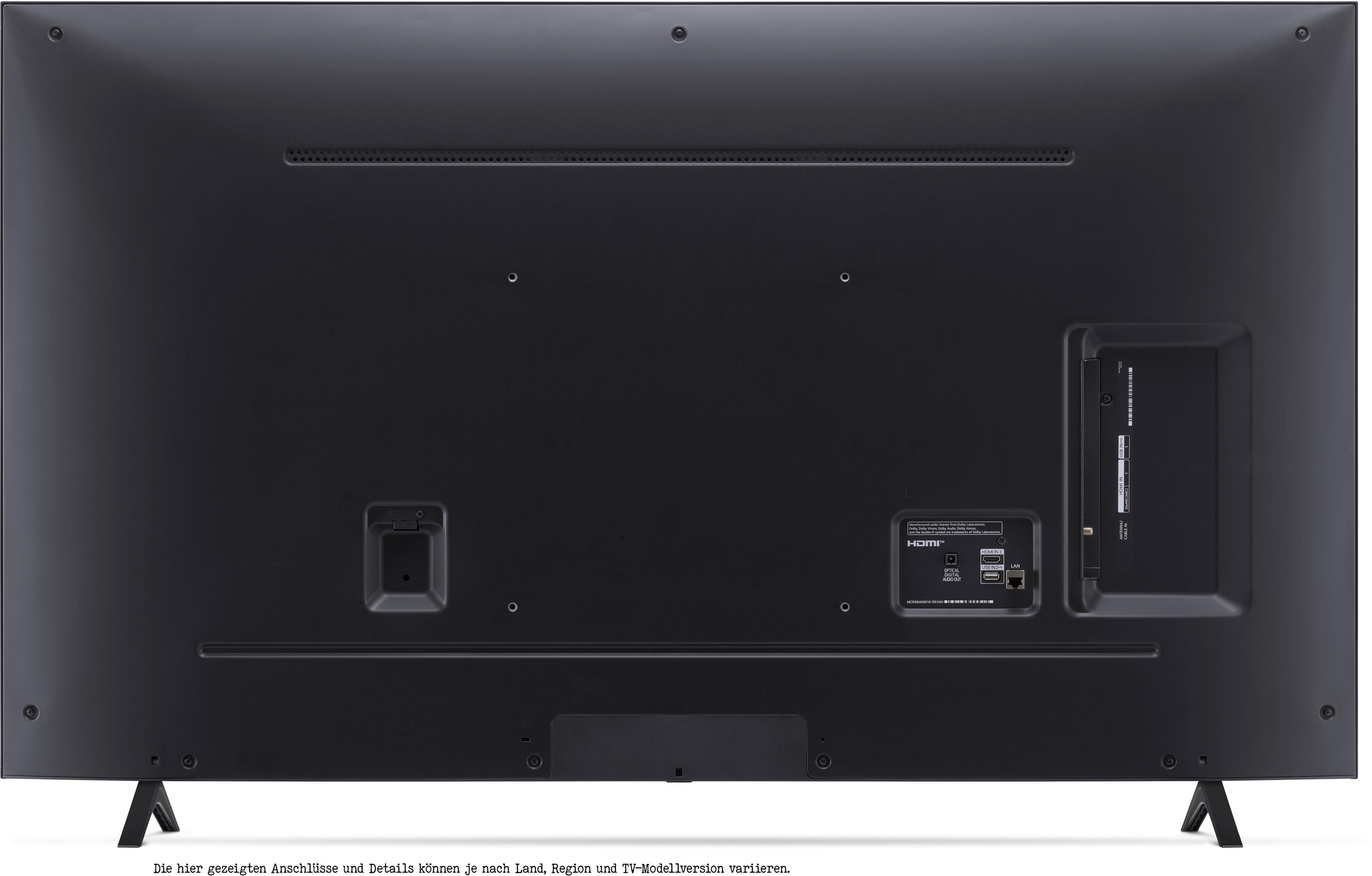 Die Rückseite eines schwarzen Fernsehers mit mehreren Anschlüssen und Verbindungen.
