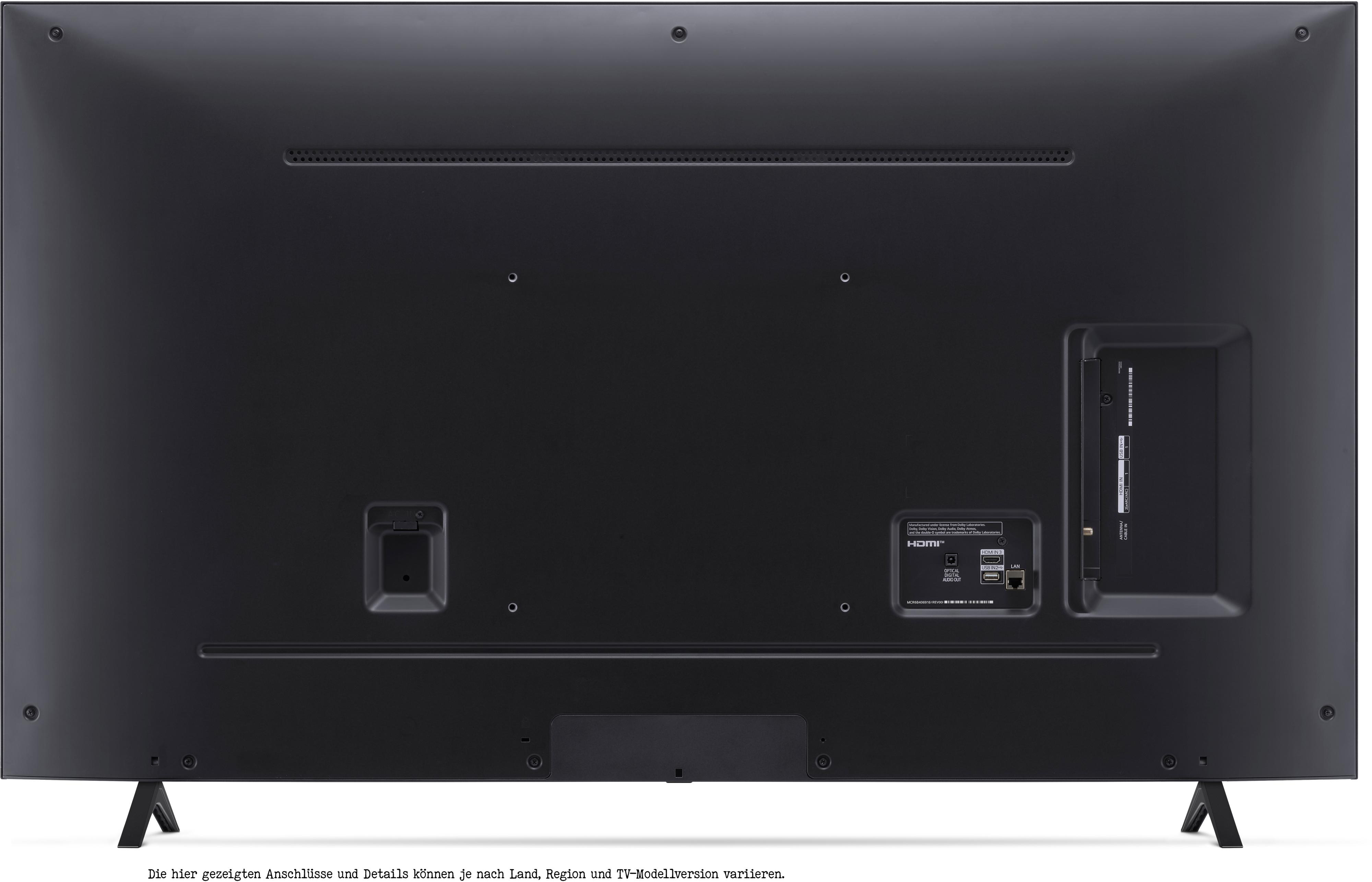 Die Rückseite eines schwarzen Fernsehers, mit Anschlüssen wie HDMI und USB, die Standfüße sichtbar.