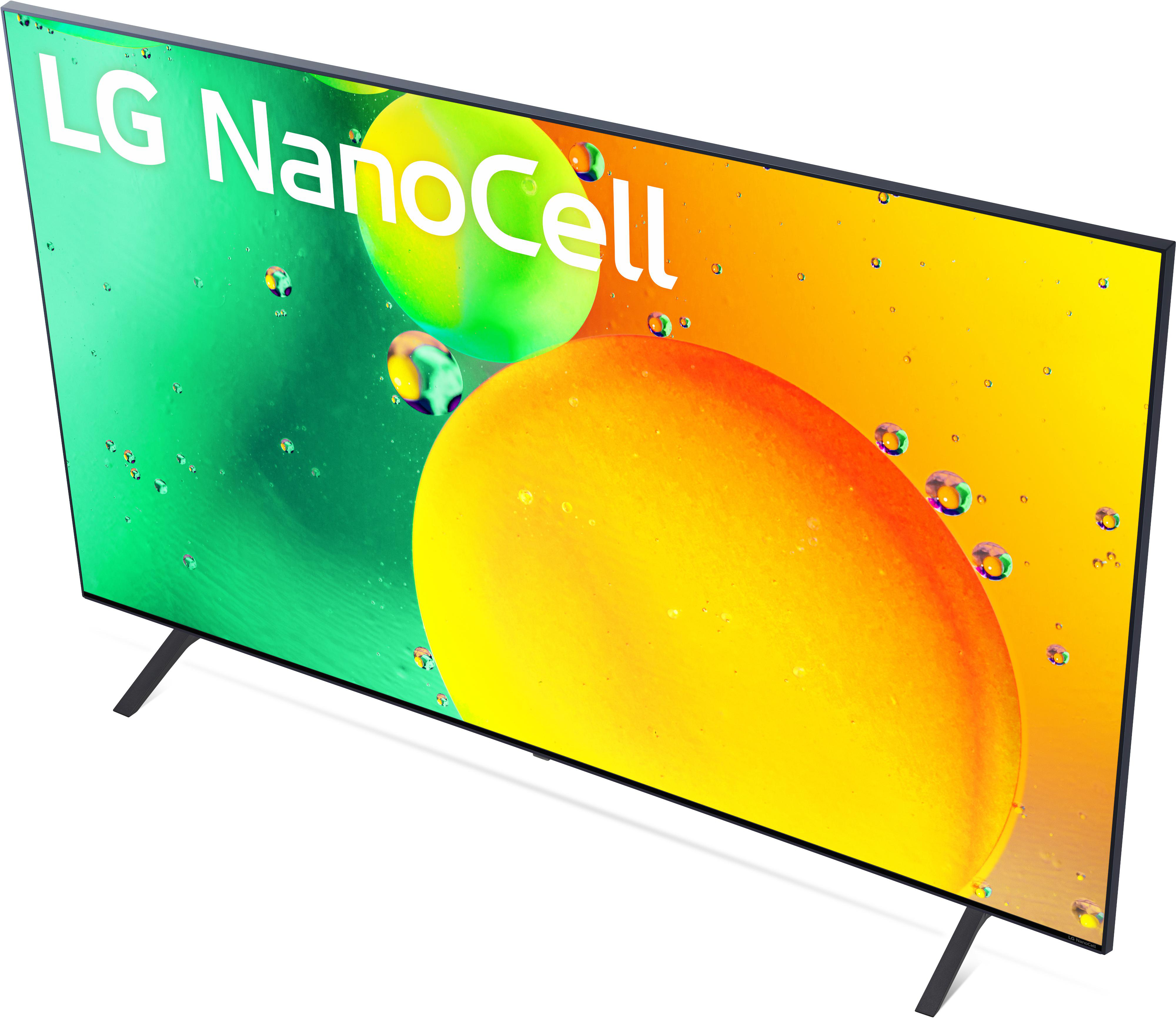 LG NanoCell TV mit abstraktem Bild in Grün, Gelb und Orange, schräge Ansicht.