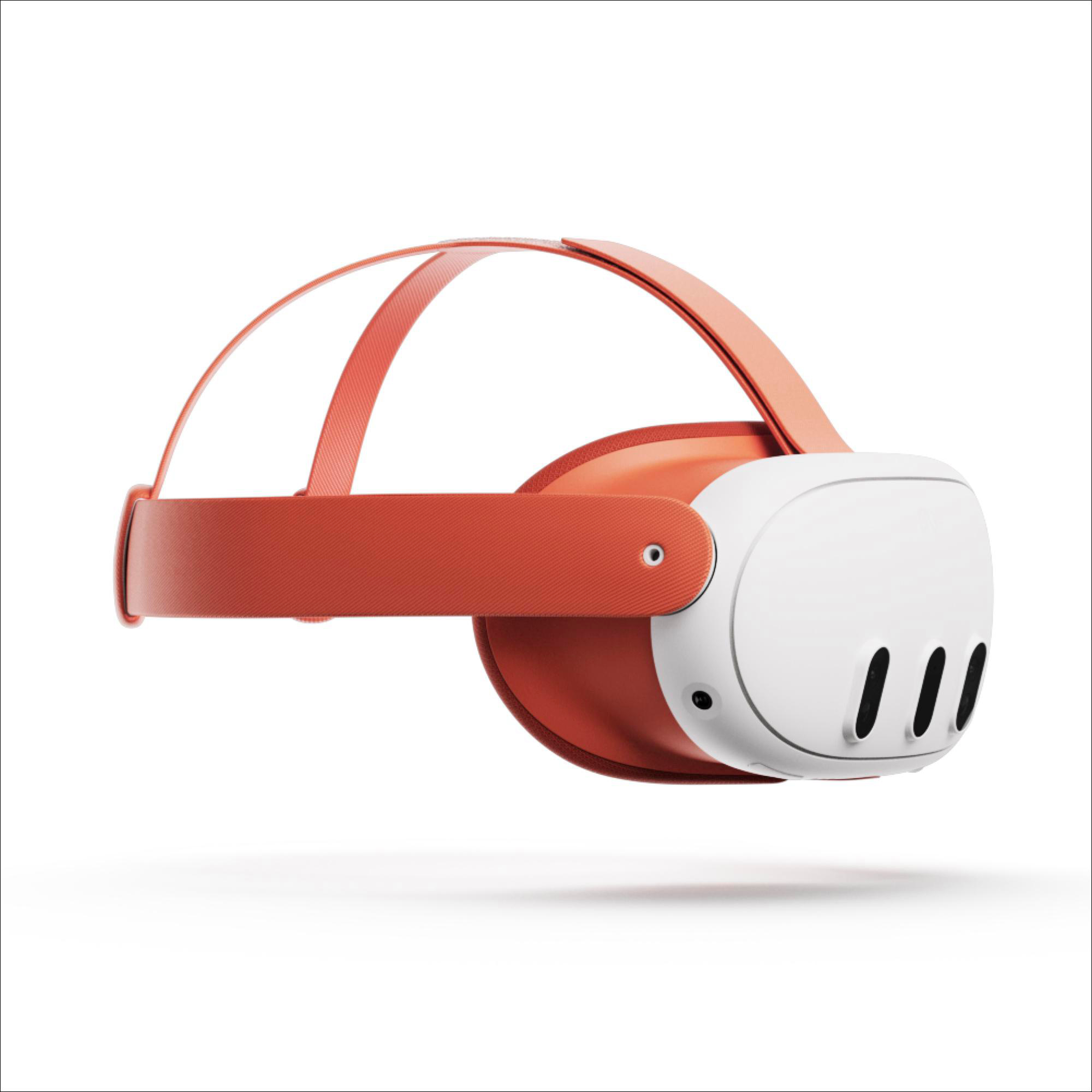 Orange-weißes VR-Headset mit drei vorderen Lüftungsschlitzen und orangefarbenen Riemen.