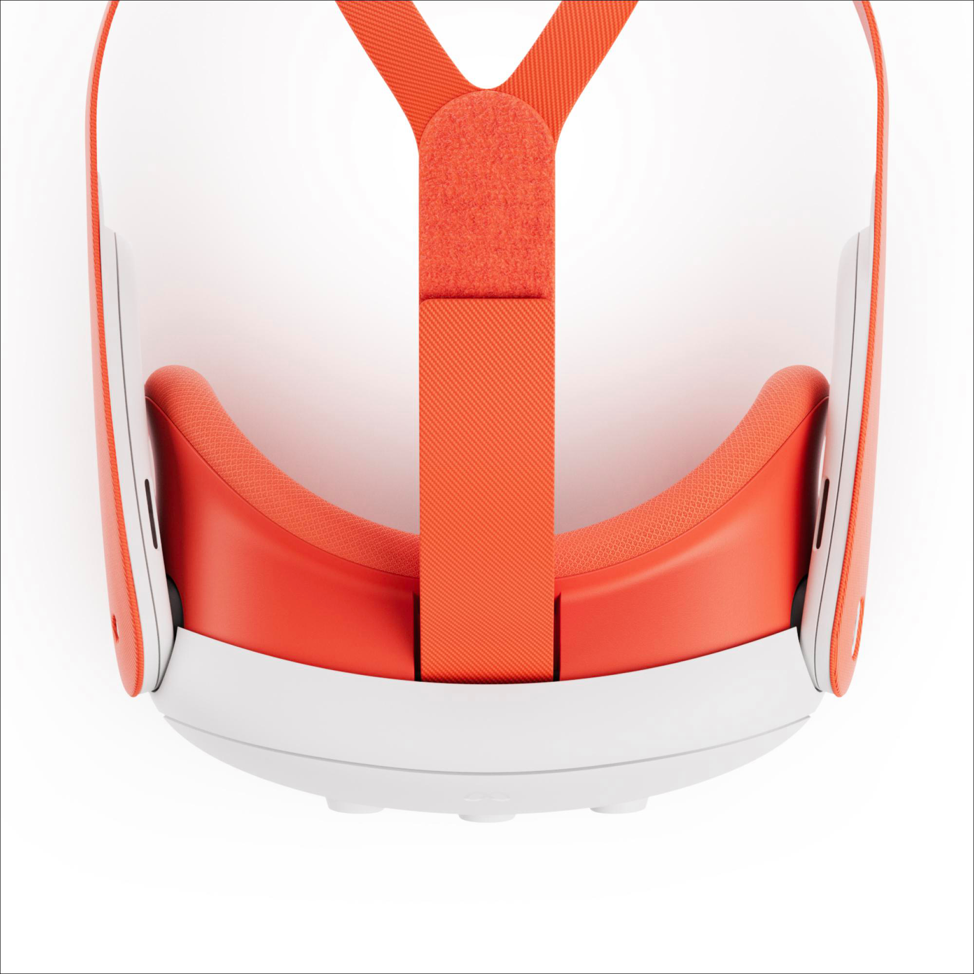 VR-Headset. Rotes Kopfband und weißes Visier. Weißer Hintergrund.