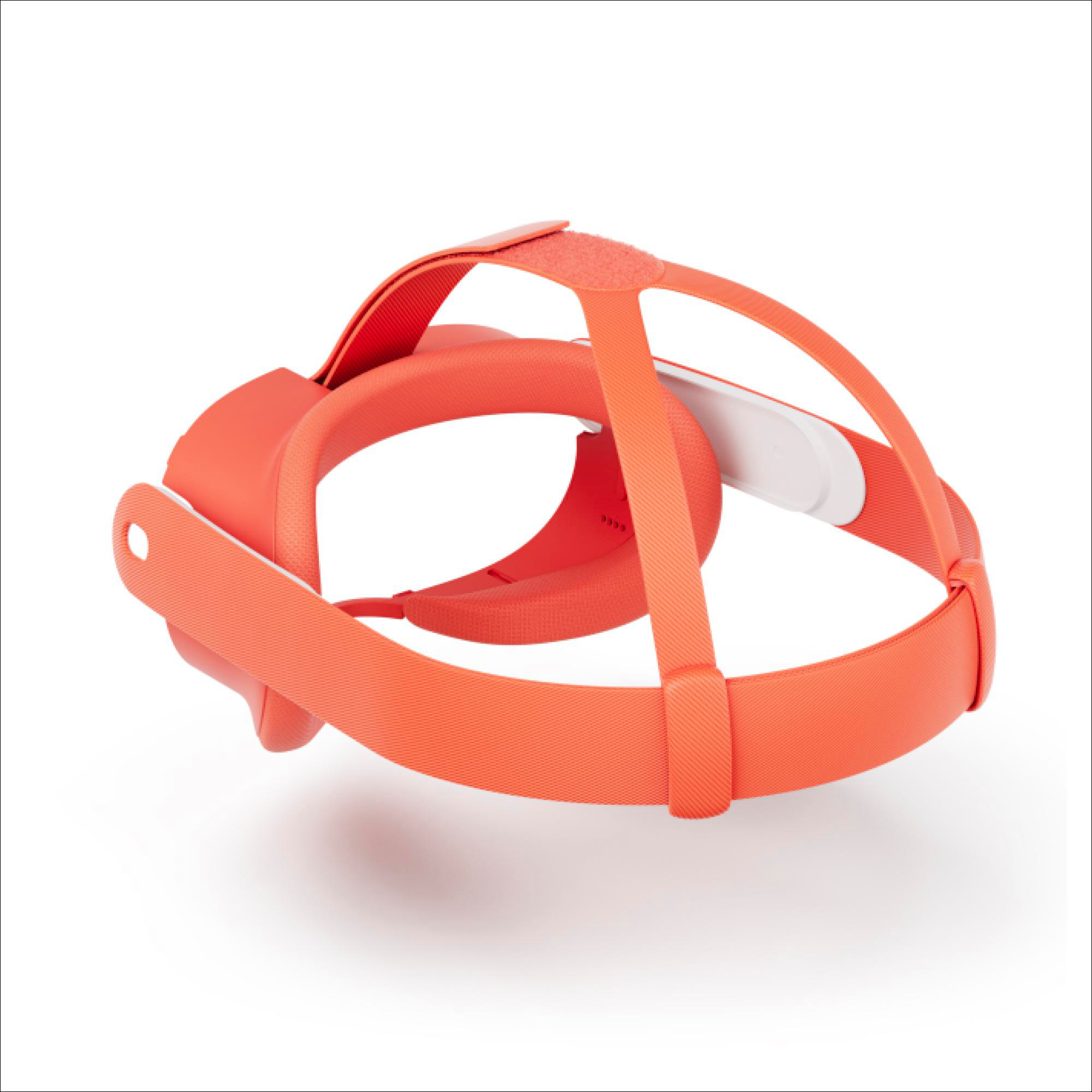 Ein orangefarbenes VR-Headset mit Riemen und weißen Details, auf weißem Hintergrund.
