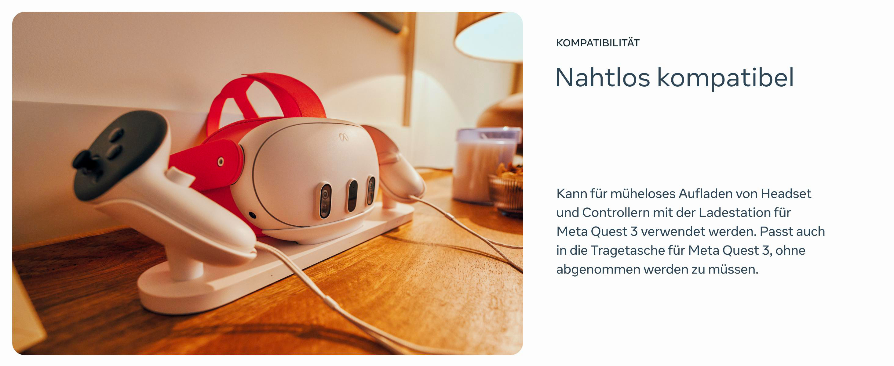 VR-Headset und Controller auf einer Ladestation, mit Text über einfaches Aufladen.