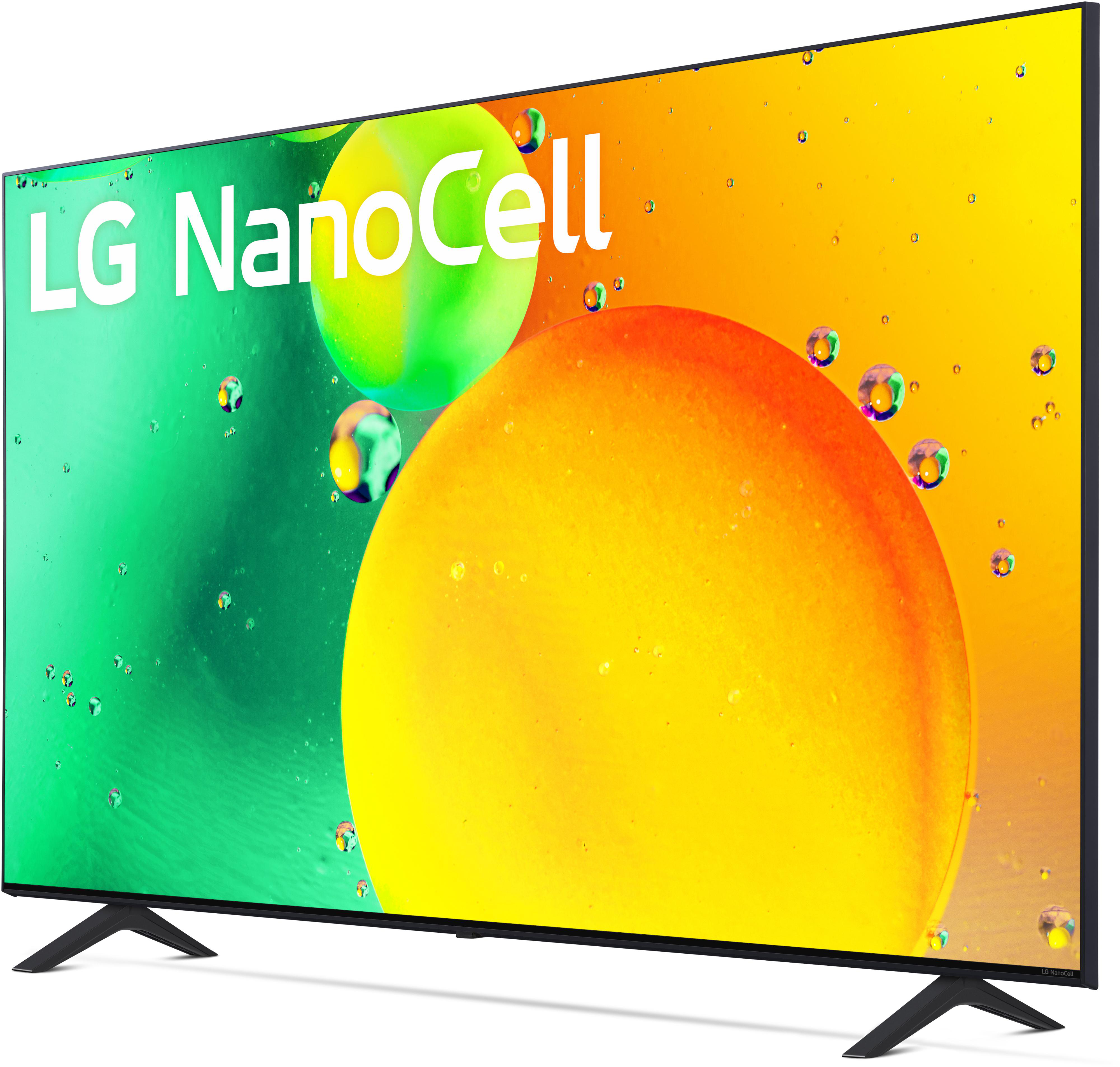 Ein großer LG NanoCell-Fernseher mit bunten abstrakten Formen auf dem Bildschirm, schwarzer Ständer und Rahmen.