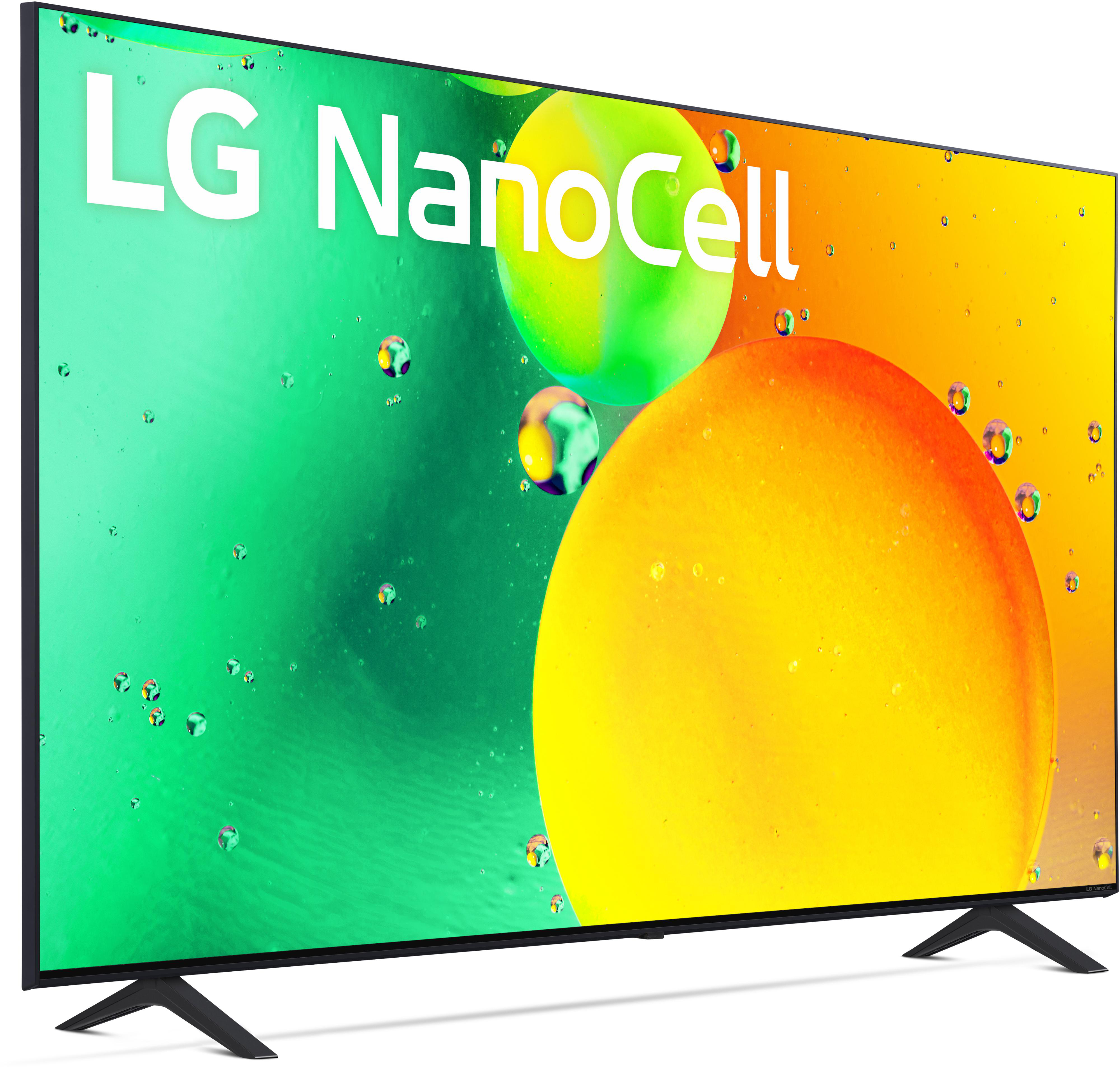 LG NanoCell TV, das ein farbenfrohes abstraktes Bild mit Wassertropfen zeigt.