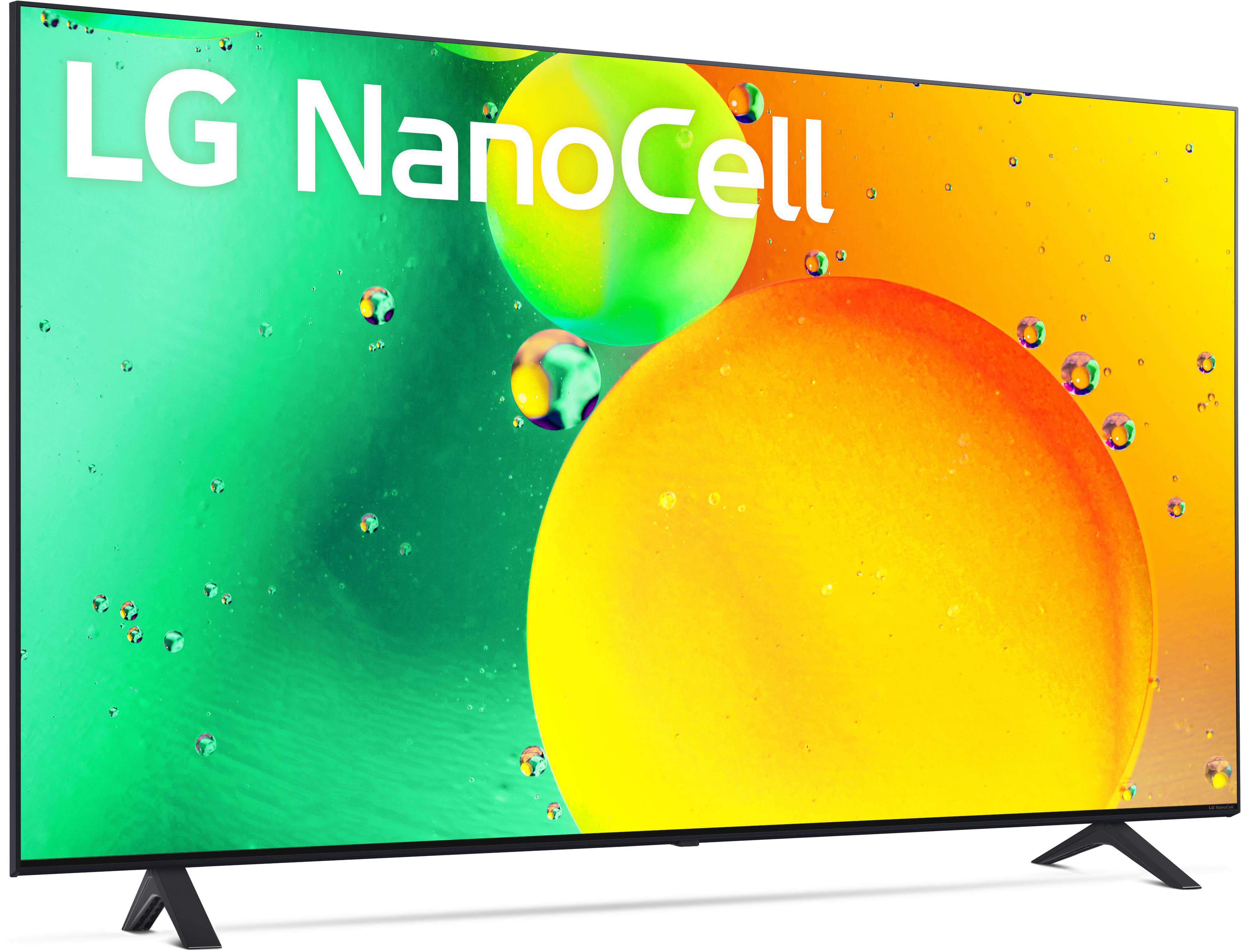 LG NanoCell TV mit farbenfroher abstrakter Kunst. Der Bildschirm ist von einem schwarzen Rahmen umgeben.