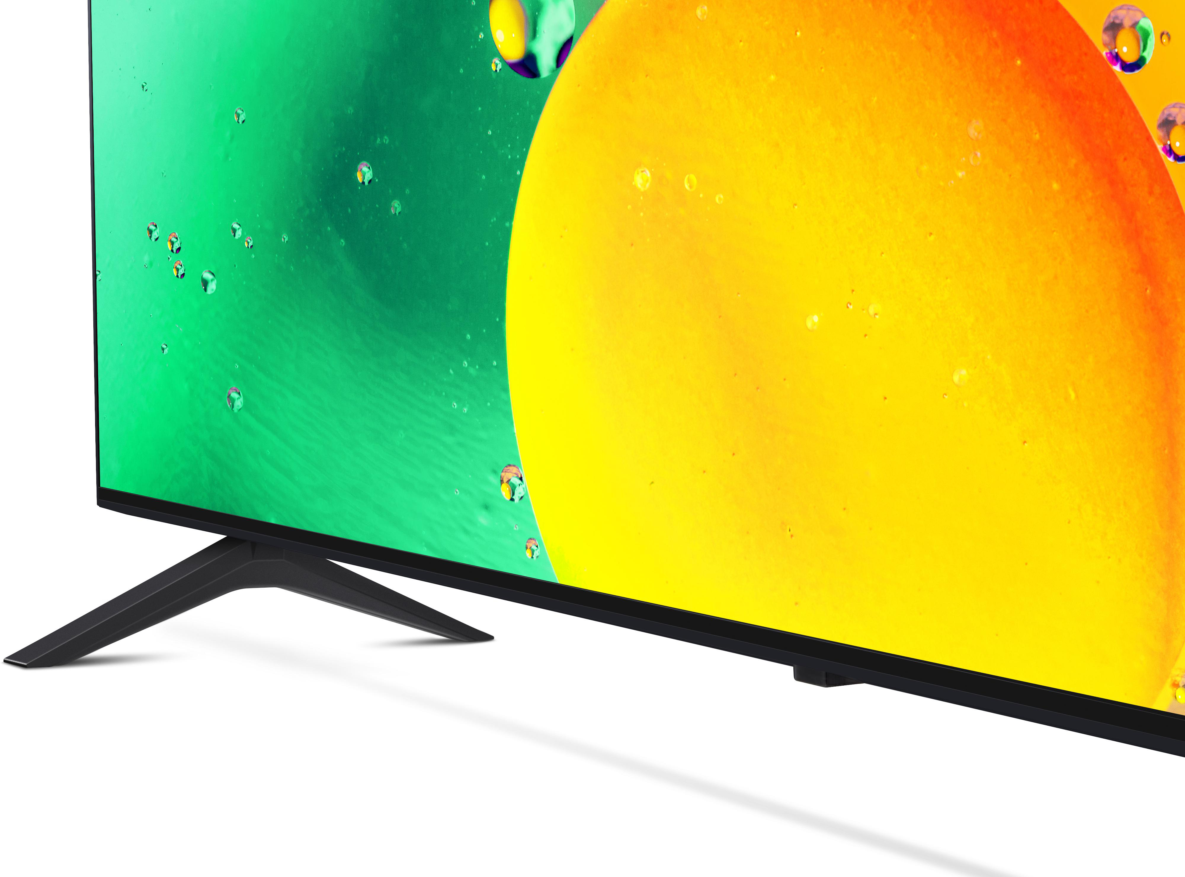 Fernseher mit schwarzem Ständer. Abstrakter Hintergrund mit Gelb und Grün.