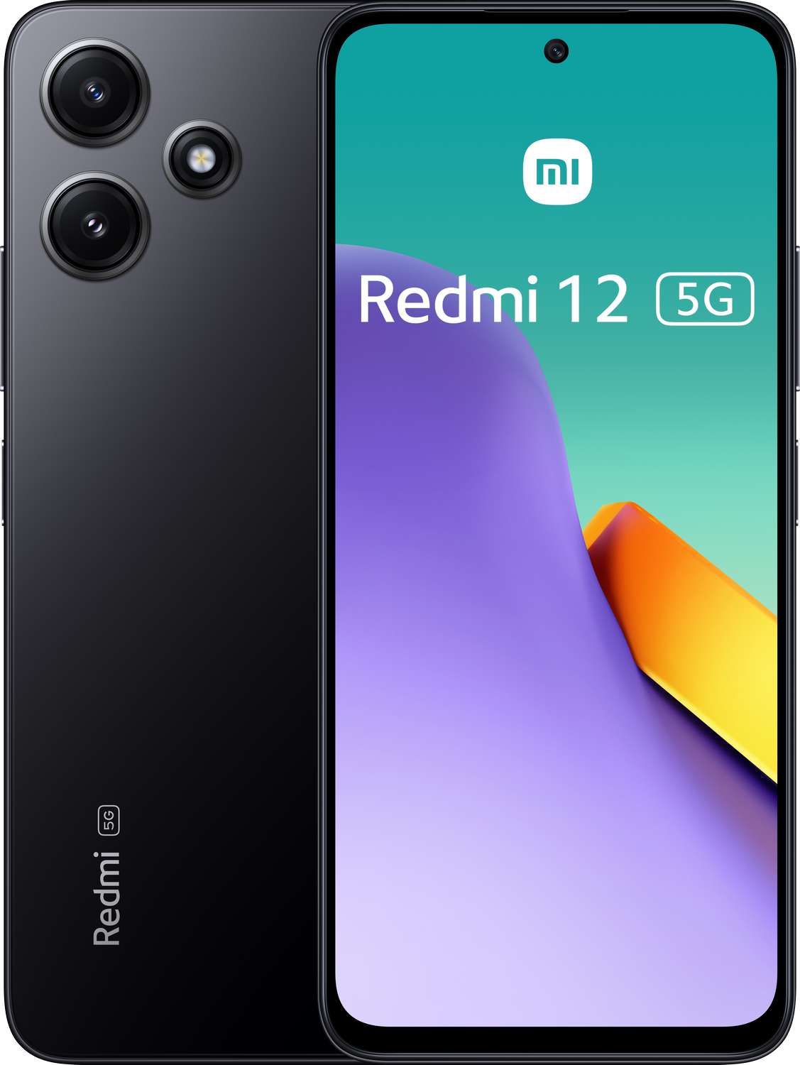 Smartphone negro con tres cámaras traseras. Se ven la parte trasera y delantera.