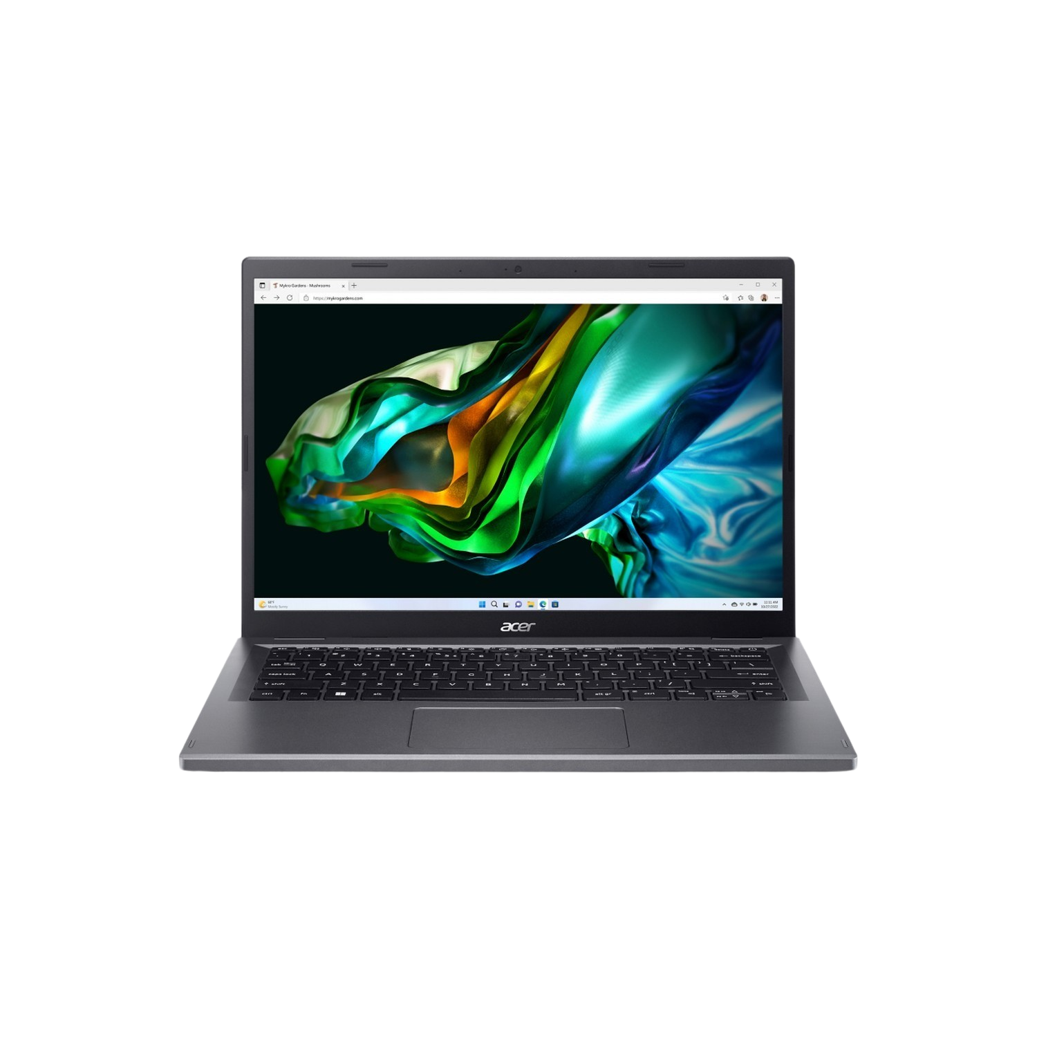 Zilveren Acer laptop met kleurrijke abstracte afbeelding op scherm, zwarte achtergrond.