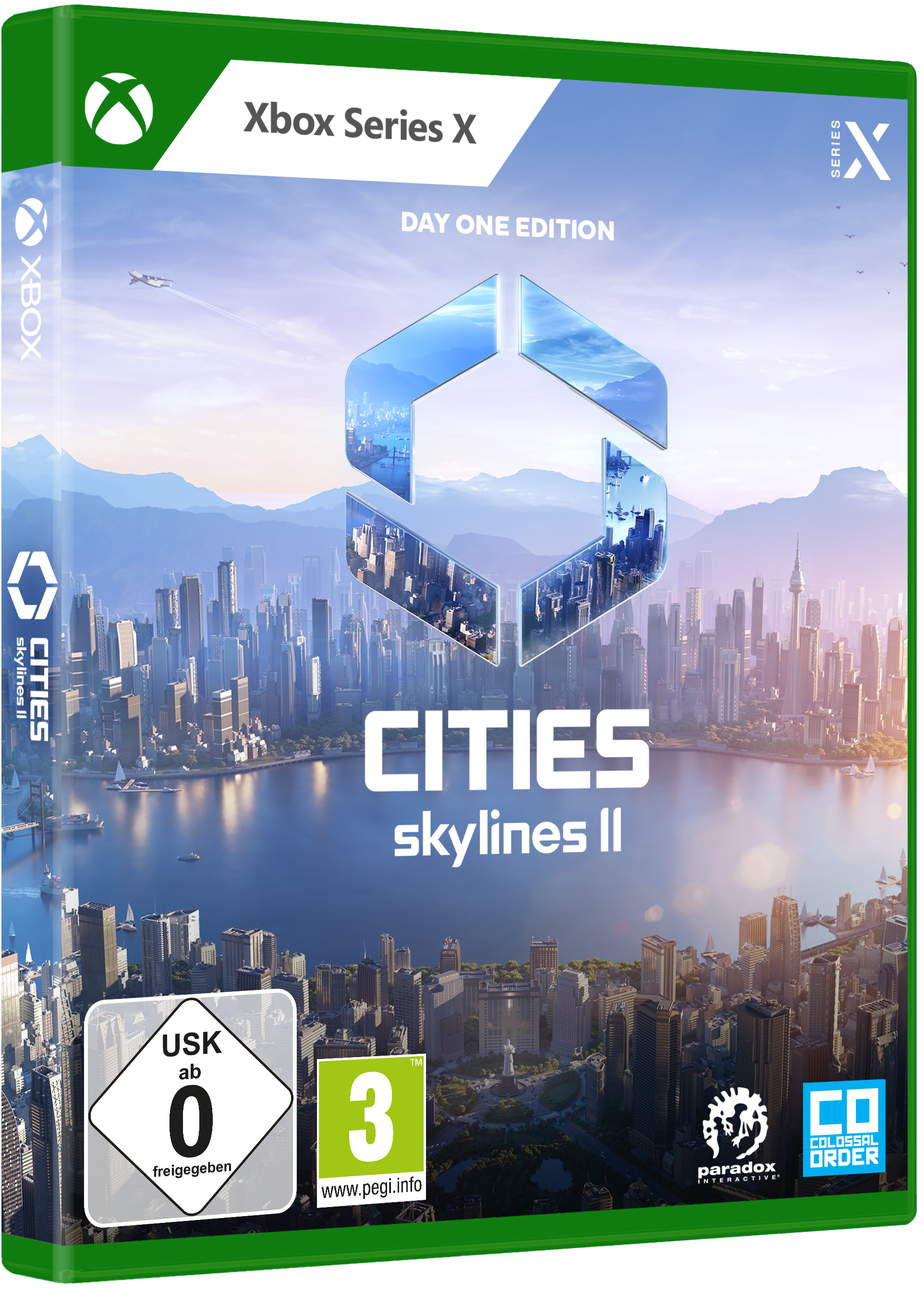 Xbox Series X-Spielbox mit Stadtlandschaft und Logo, Day One Edition.