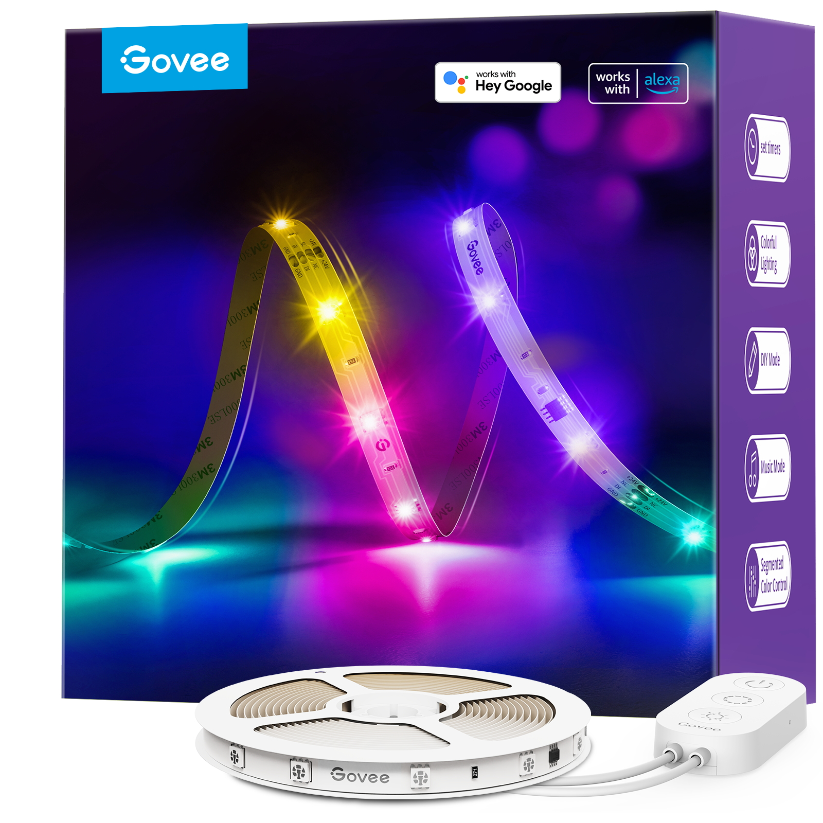 Govee LED şerit ışıklı kutu. Işıklar çok renkli ve esnek.