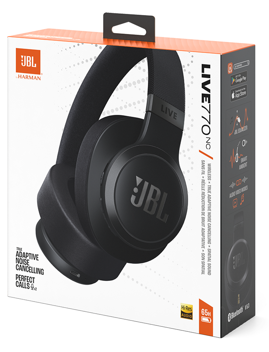 JBL LIVE770NC Kopfhörerbox, schwarze Kopfhörer in der Darstellung.