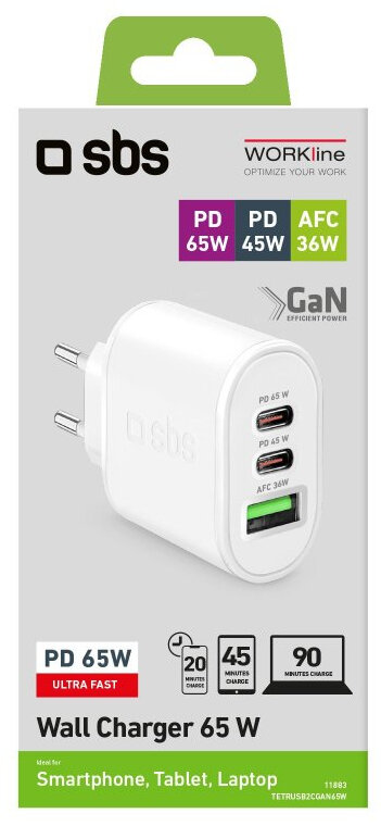 Ładowarka sieciowa SBS 65W GaN 2xUSB-C + USB-A