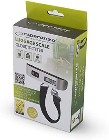 Zapakowana waga bagażowa. Pudełko pokazuje wagę, z czarnym paskiem. Ma wyświetlacz i przyciski.