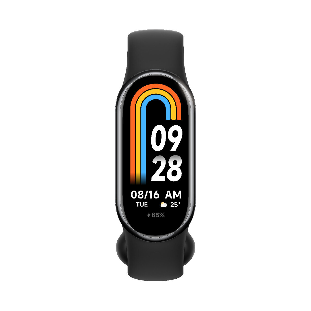 Czarny smartwatch z kolorowym wyświetlaczem pokazującym datę, godzinę i procent baterii.