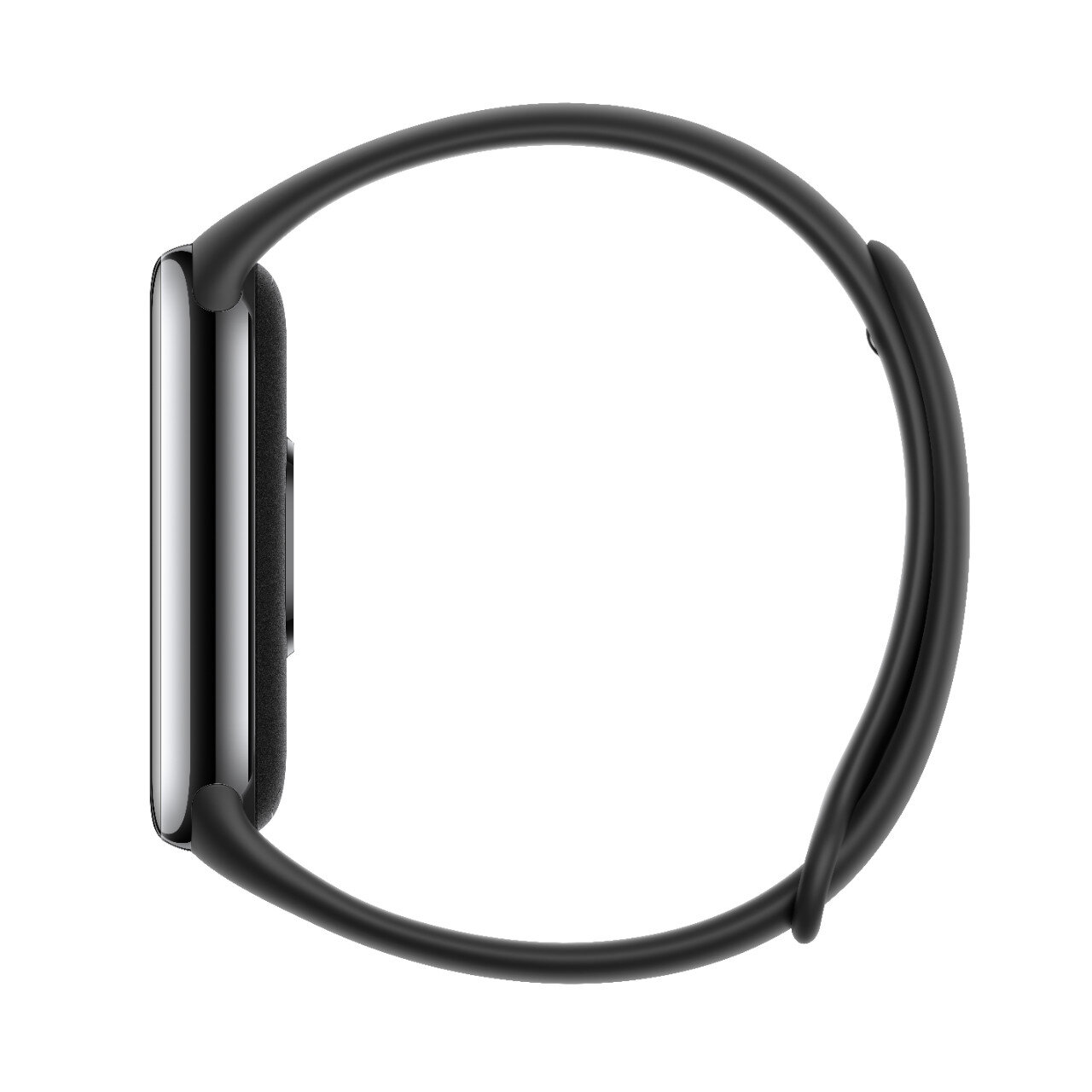 Czarny smartwatch z czarnym paskiem, widok z boku. Widoczny biały ekran.