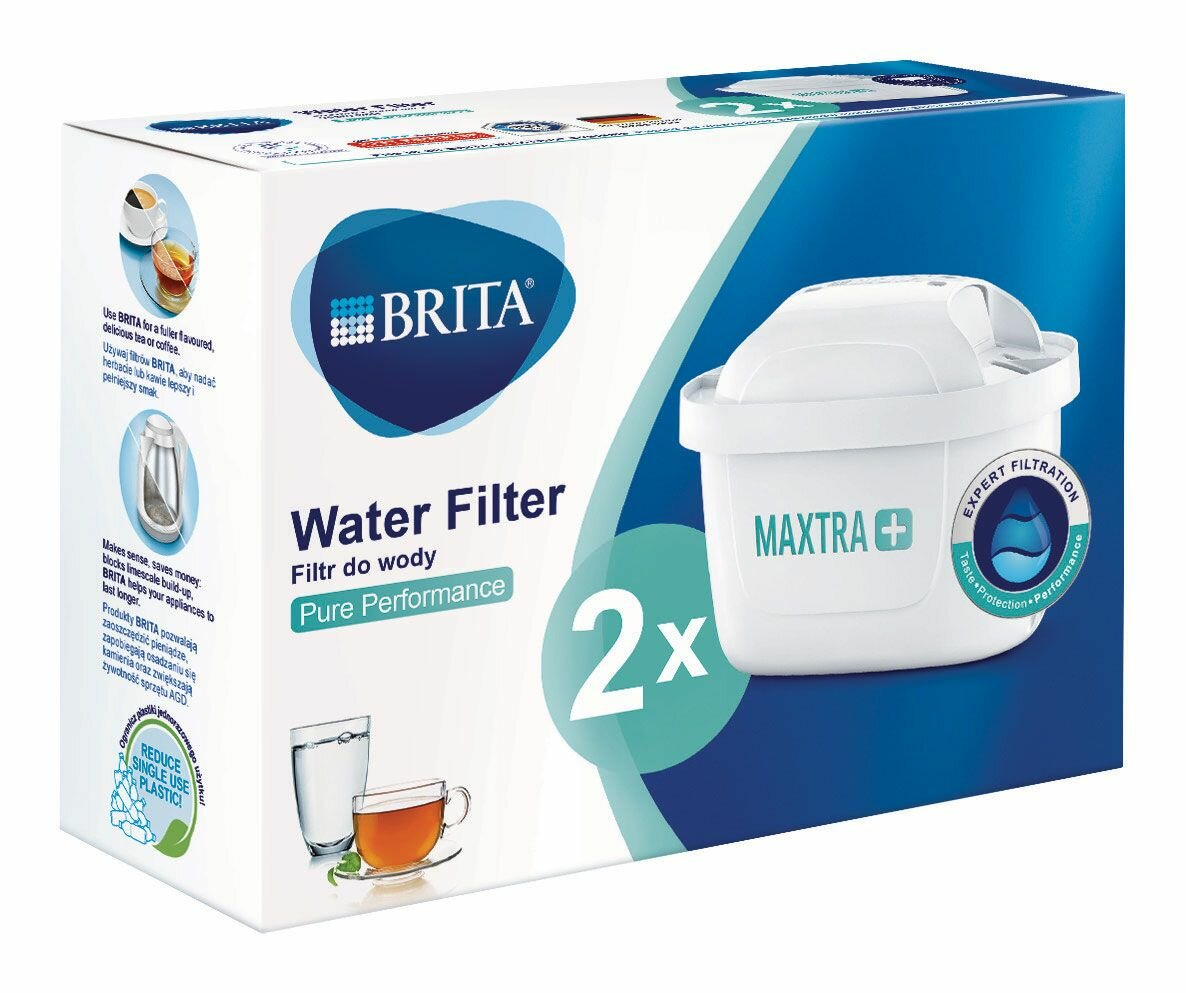 Pudełko filtra do wody Brita. Zawiera dwa filtry Maxtra+, z tekstem i obrazami.