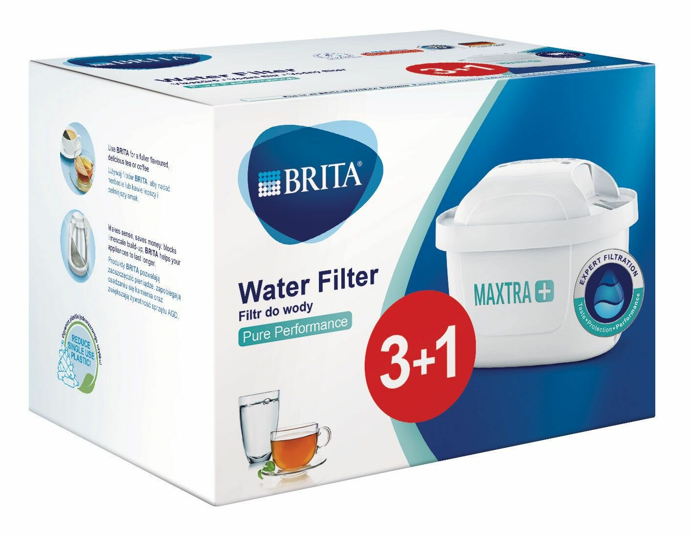 Pudełko filtra do wody Brita. Ma filtr i szklankę wody. Tekst 'Pure Performance'.