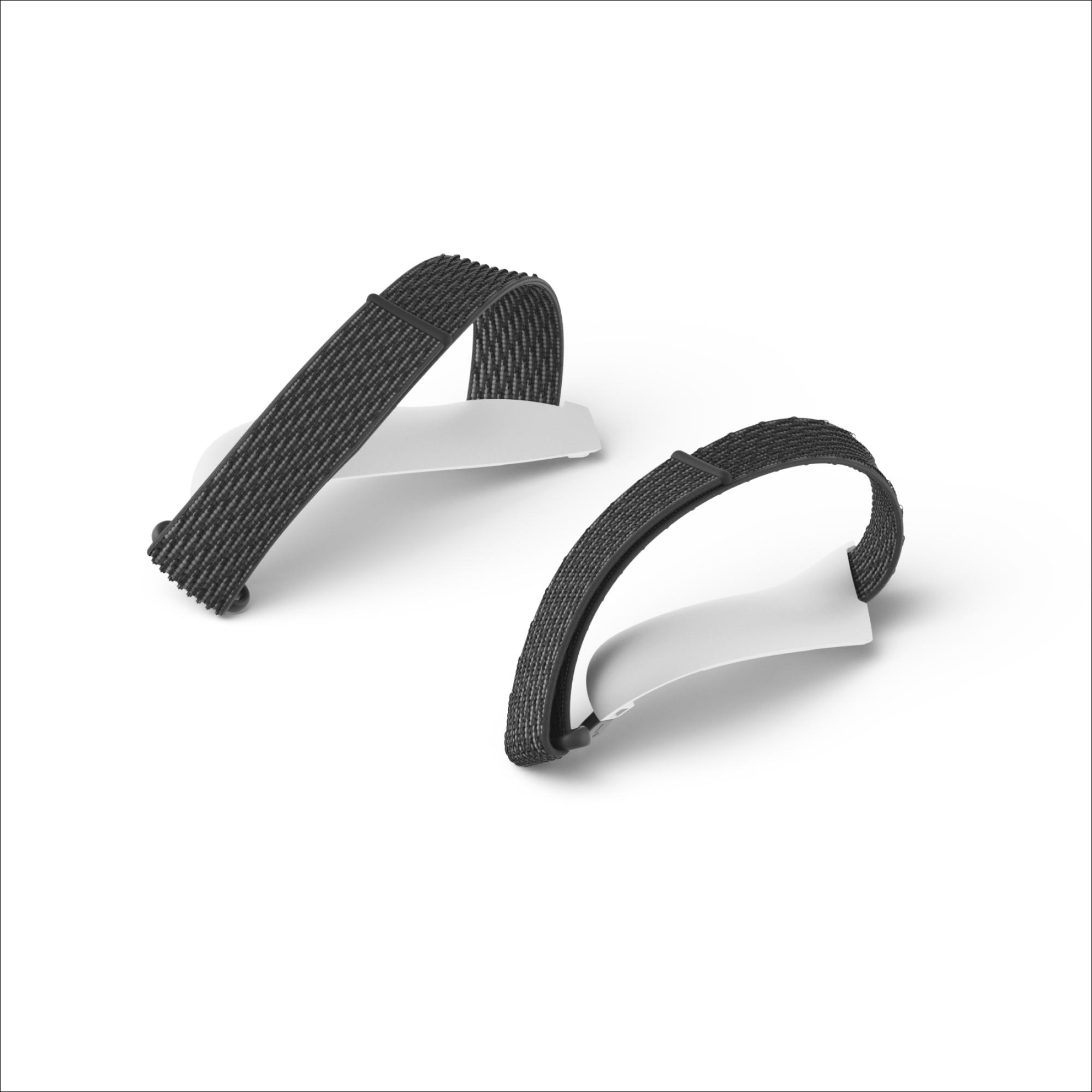 Zwei schwarze und graue Riemen mit weißer Rückseite, wahrscheinlich für ein VR-Headset oder ein ähnliches Gerät.