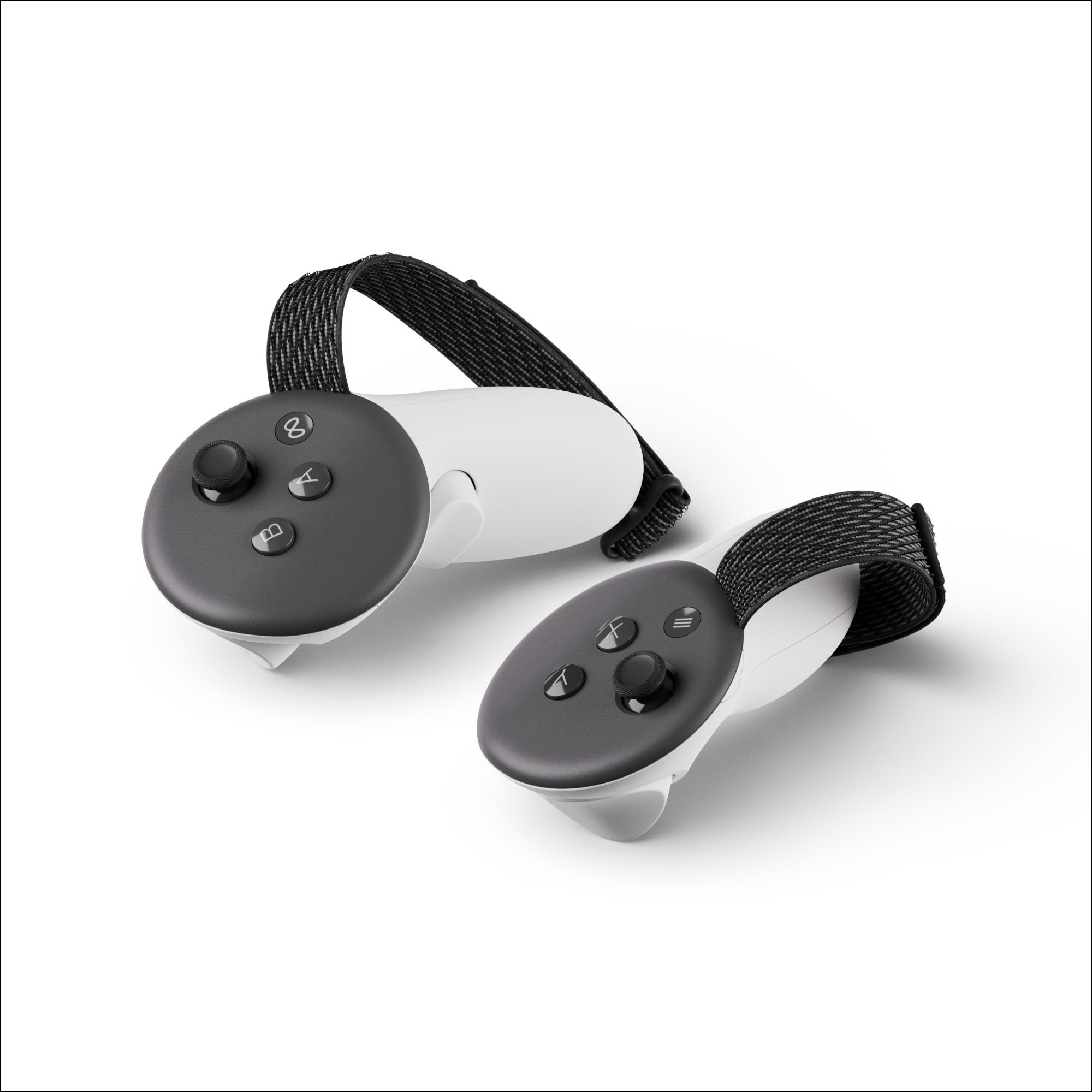 Zwei weiße und graue Controller mit schwarzen Riemen auf weißem Hintergrund. Knöpfe sind sichtbar.