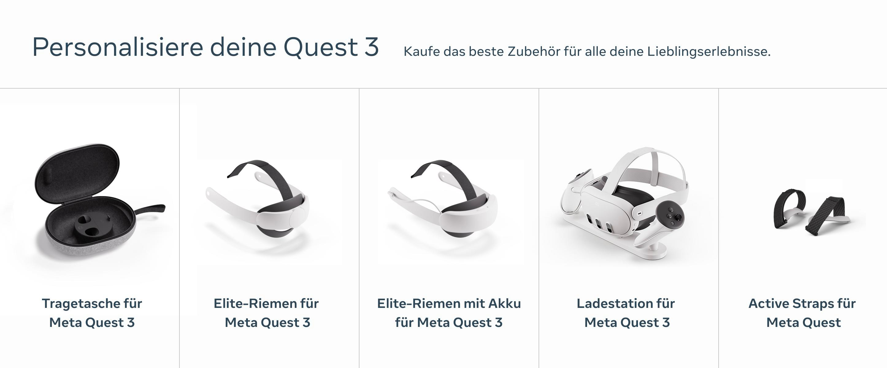 Zubehör für Meta Quest 3: Hülle, Kopfriemen und Ladestation.