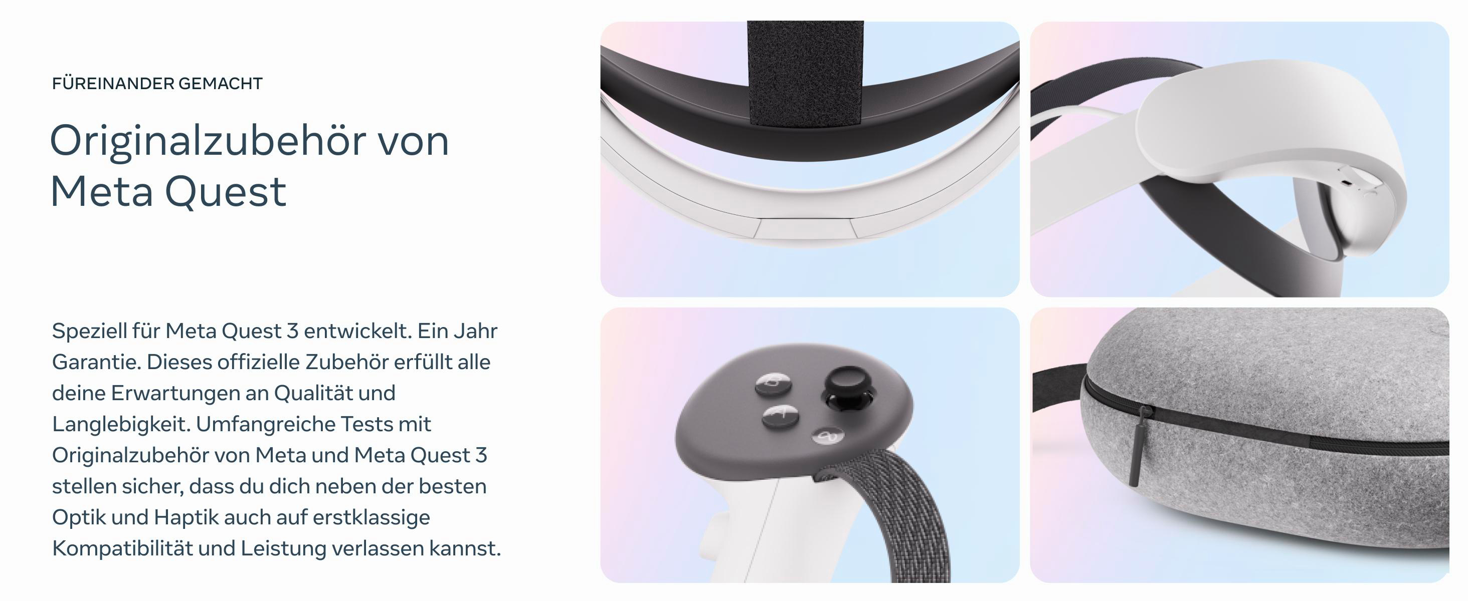 Nahaufnahme eines VR-Headsets und Controllern. Zeigt Text und Bilder der Produktkomponenten.