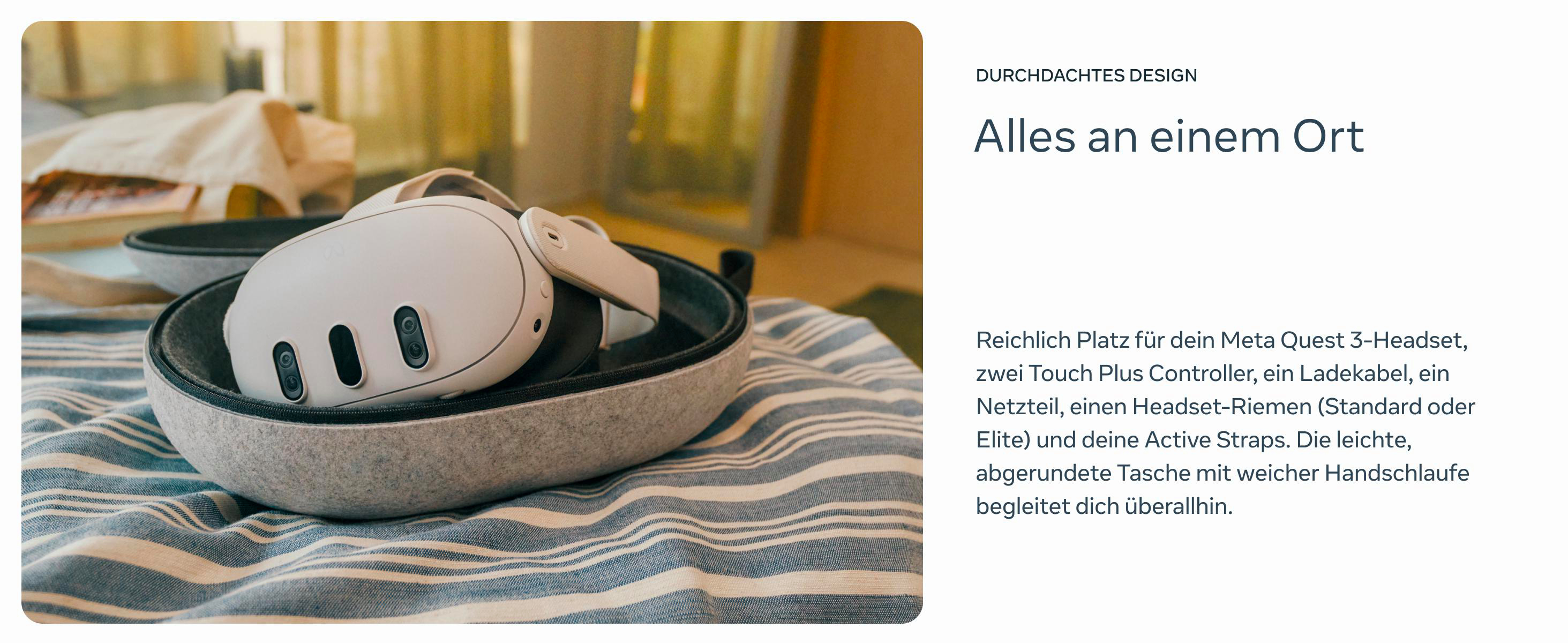 VR-Headset in einem grauen Etui. Text: 'Alles an einem Ort'. Weiche Decke im Hintergrund.