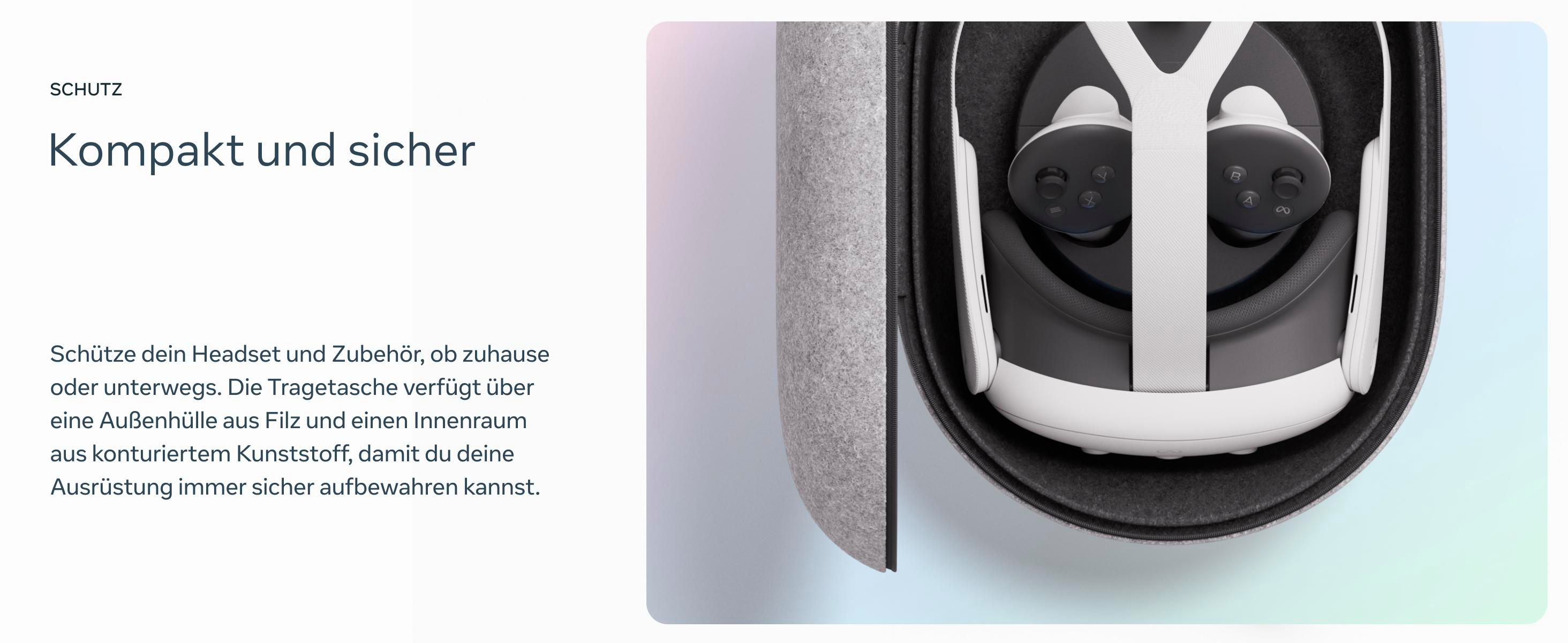VR-Headset in einer Schutzhülle. Die Hülle ist grau, das Headset ist weiß und schwarz.