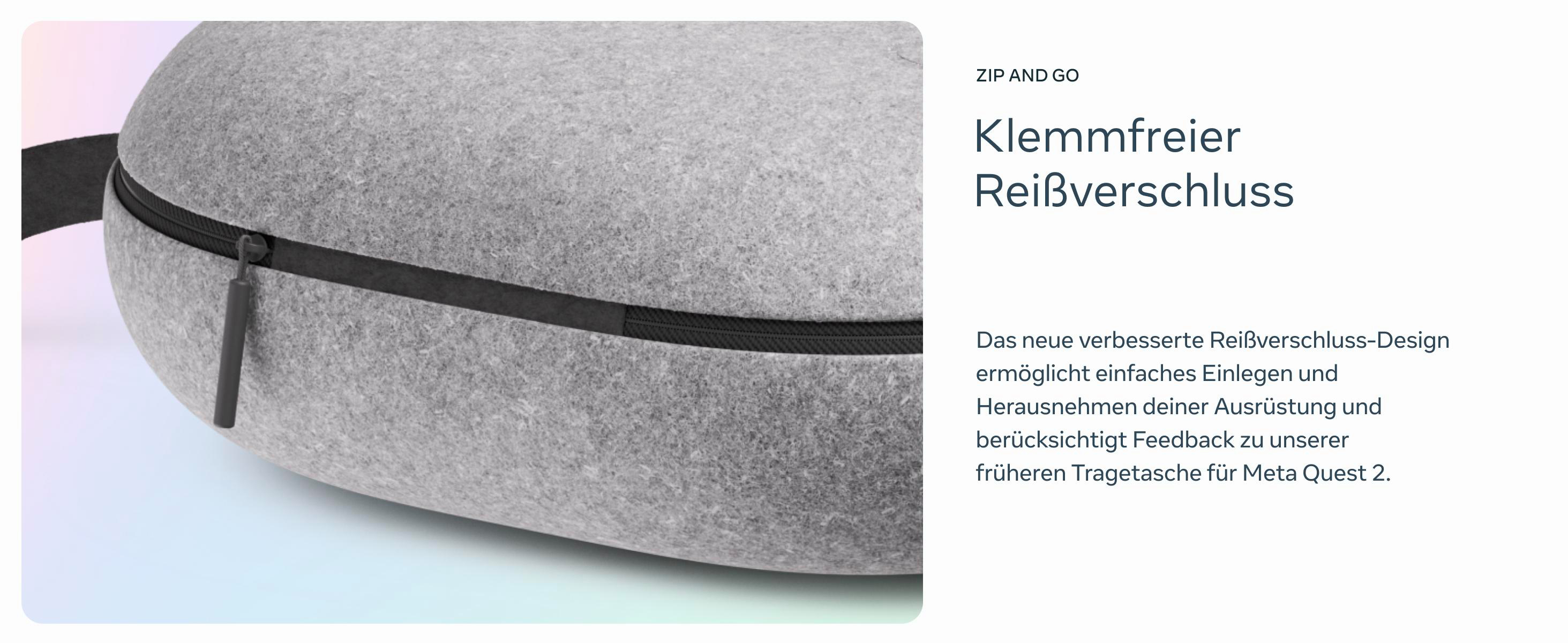 Nahaufnahme einer grauen Tasche. Zip and Go Text ist sichtbar mit Reißverschluss und Text.