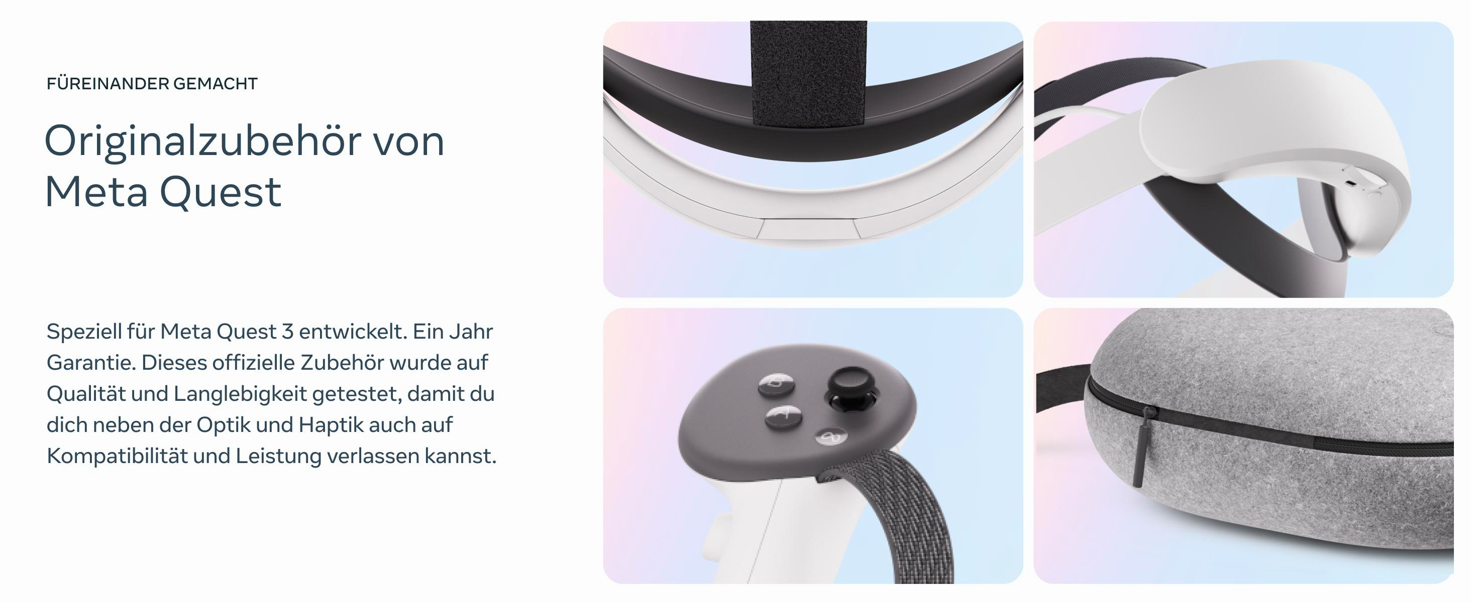 Meta Quest VR-Zubehör. Bilder zeigen ein Headset, Controller und eine Tragetasche, alle in Weiß und Grau.