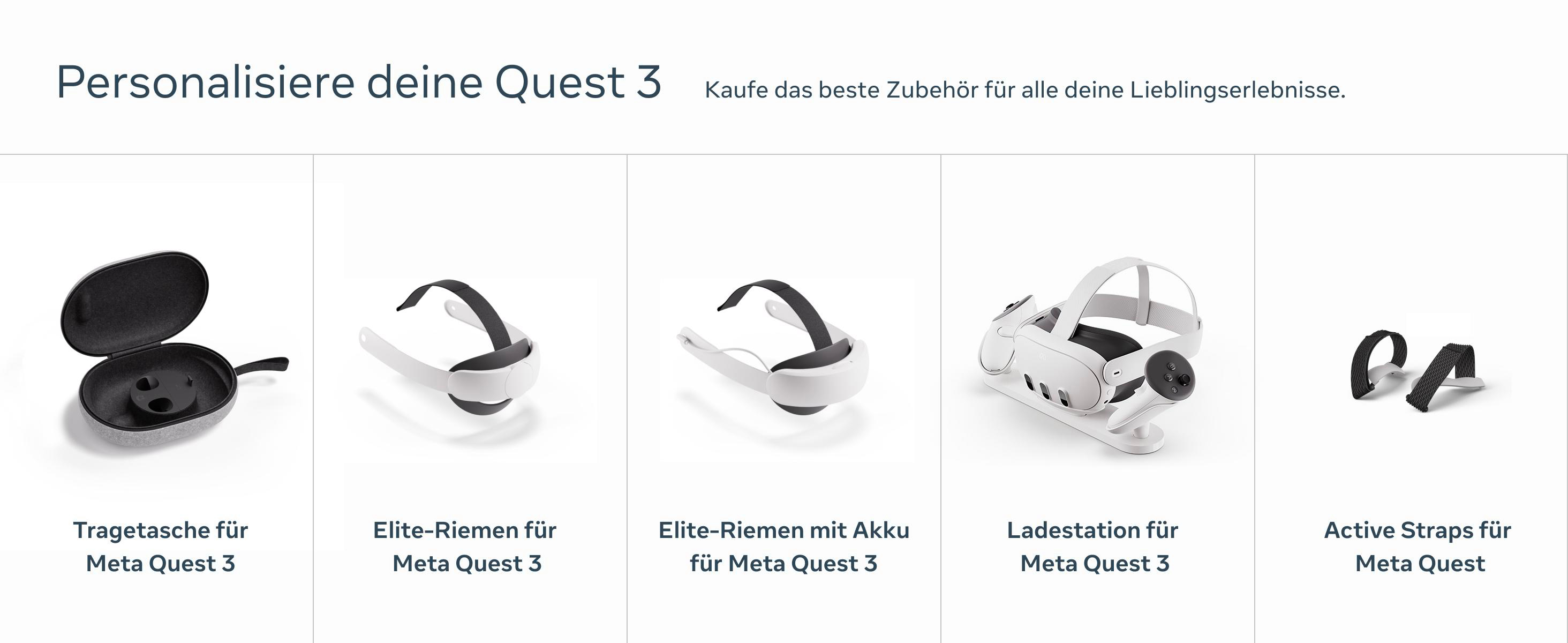 Mehrere Meta Quest 3-Zubehörteile vor weißem Hintergrund.